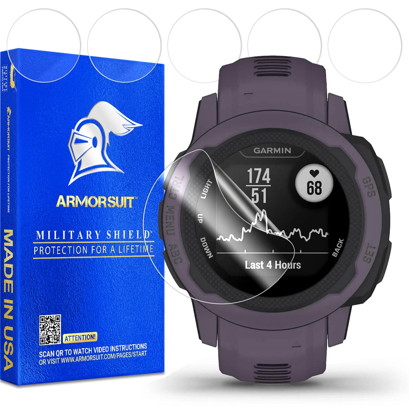 6 Pack for Garmin Instinct 2S Solar (40mm) Screen Protector MilitaryShield HD Clear Film - Made in USA