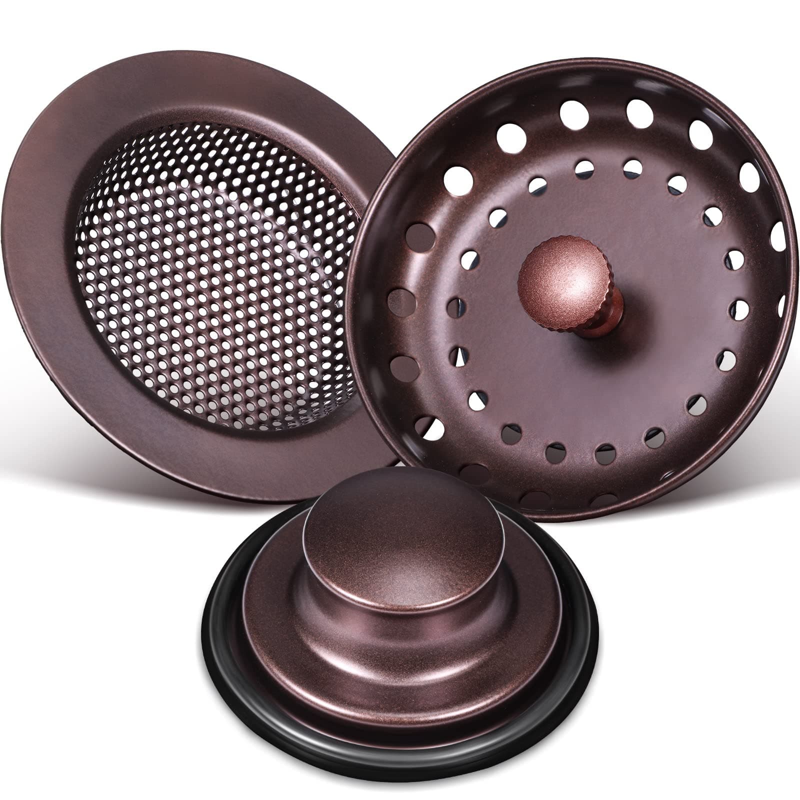 Mudder 3 Pcs Kitchen Sink Drain Strainer and Stopper Stainless Steel Garbage Disposal Plug with Handle Universal Anti-Clogging Kitchen Sink Filter Sieve Basket Strainer(Oil Rubbed Bronze)