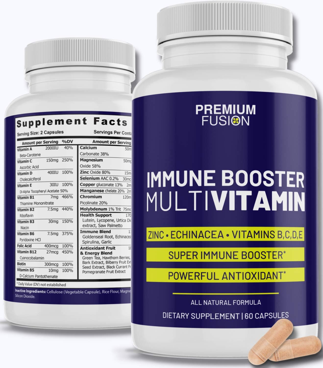Immune Booster / Super B Complex Multivitamin Supplement | Vitamin B1, B2, B3, B5, B6, B9, B12, Vitamin A, C, D & E Zinc, Echinacea, Goldenseal Root, Spirulina, Green Tea, Biotin | Premium Fusion
