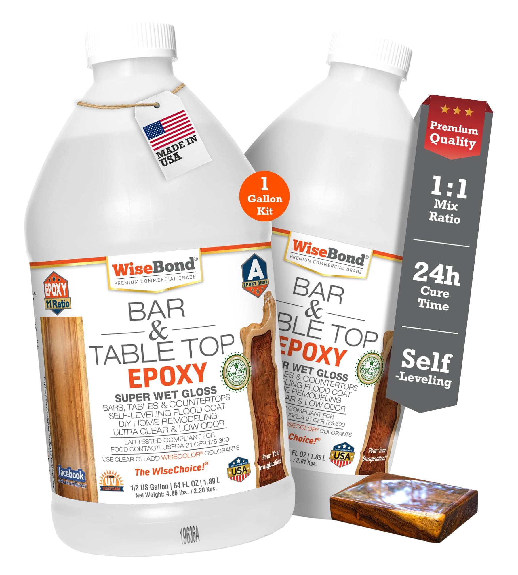 Table Top Epoxy Resin 1 Gallon Kit, Made in USA, Food Safe Bubble Free, Anti-Yellow UV Resistant, Clear High Gloss, 2 Part 1:1 Mix Ratio, DYI Bar Tops, Countertop Surface Coating