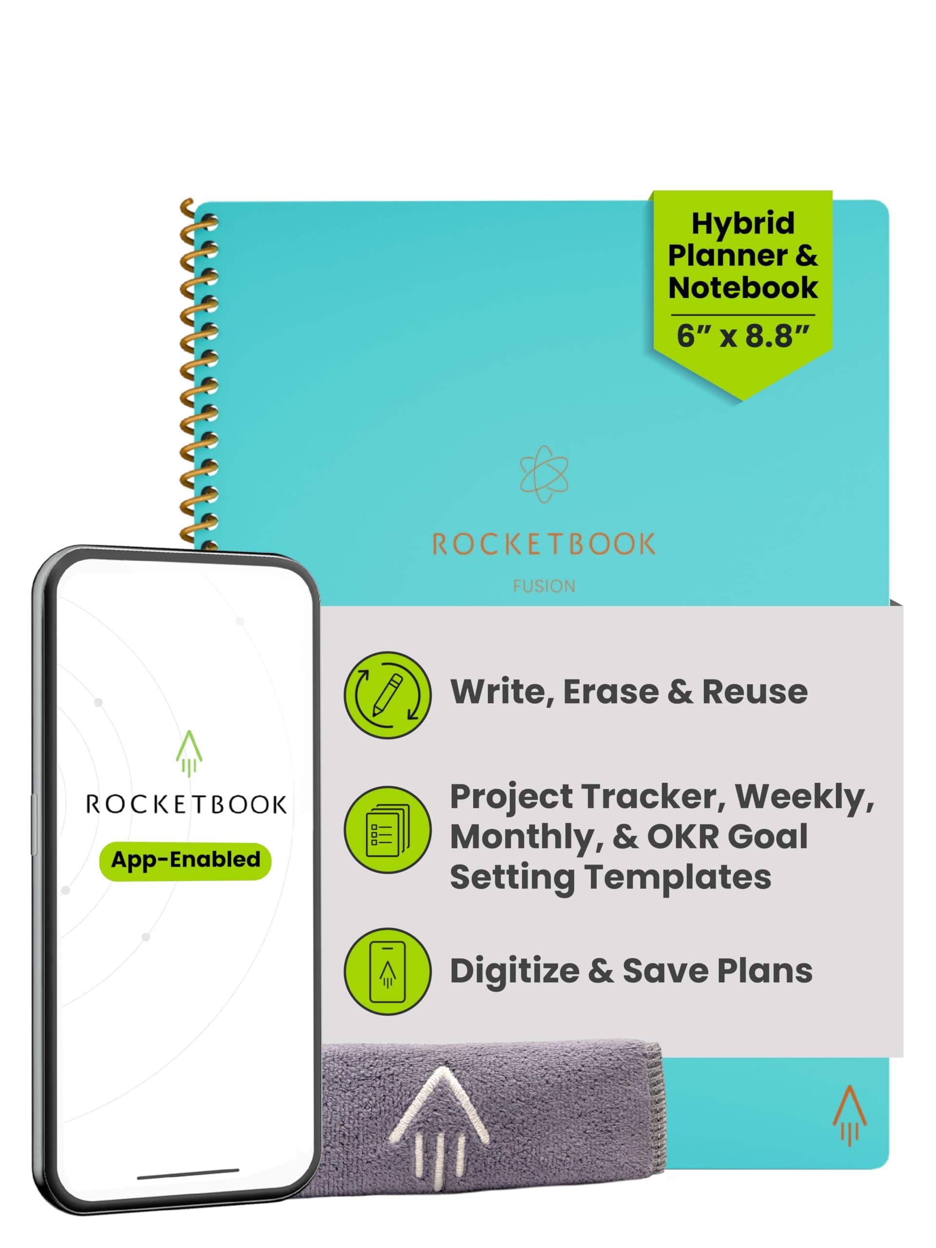 Rocketbook Fusion Smart Reusable Notebook - Calendar, To-Do Lists, and Note Template Pages with 1 Pilot Frixion Pen & 1 Microfiber Cloth Included - Neptune Teal Cover, Executive Size (6" x 8.8")
