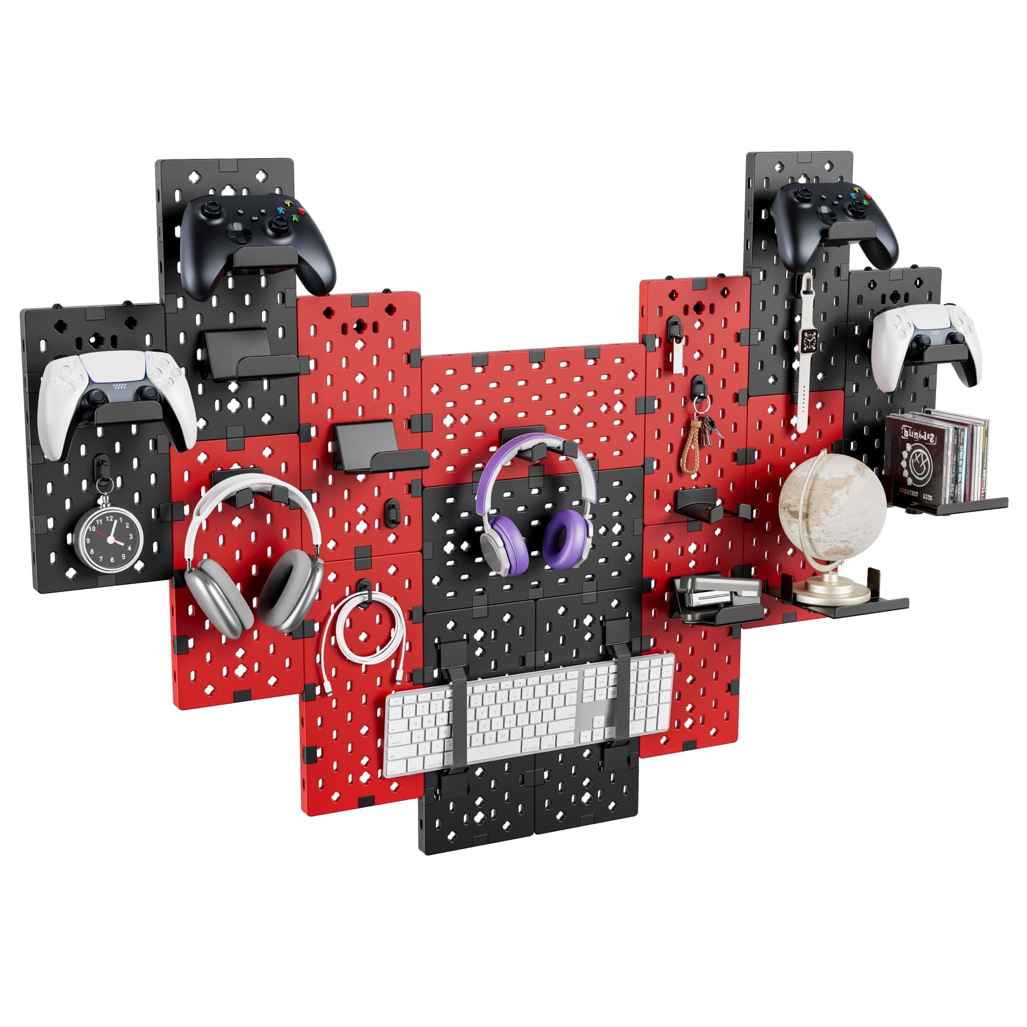 PEGZONE 14 PCS Controller and Headphone Holder Wall Mount, Modular Gaming Pegboard with Accessories, Video Game Storage, Disc Shelf, 14pcs Pegboard, Black & Red