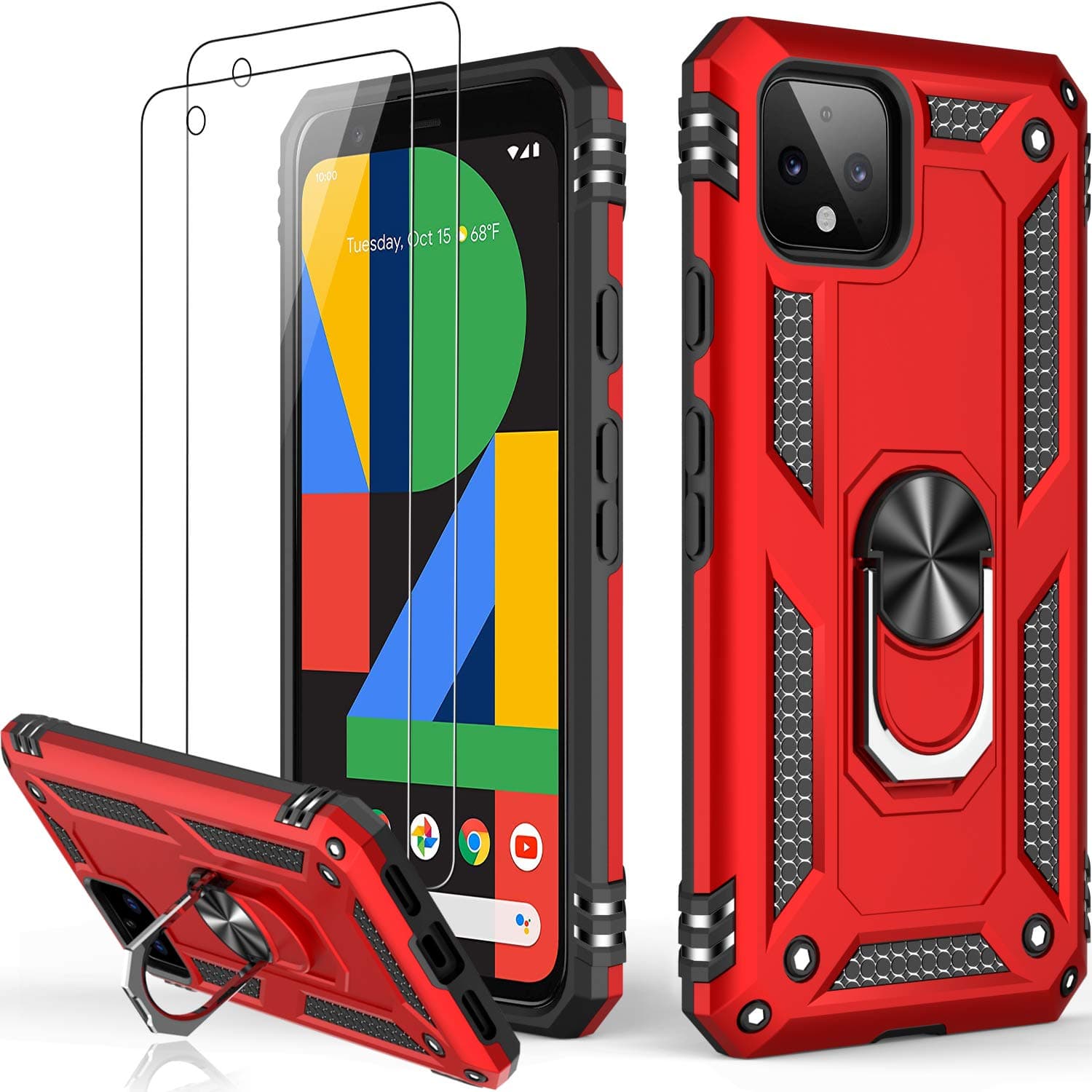 for Google Pixel 4 Case with Screen Protector,Pass 16ft. Drop Tested Military Grade Protective Phone Cover with Magnetic Ring Kickstand Compatible with Car Mount Holder Red