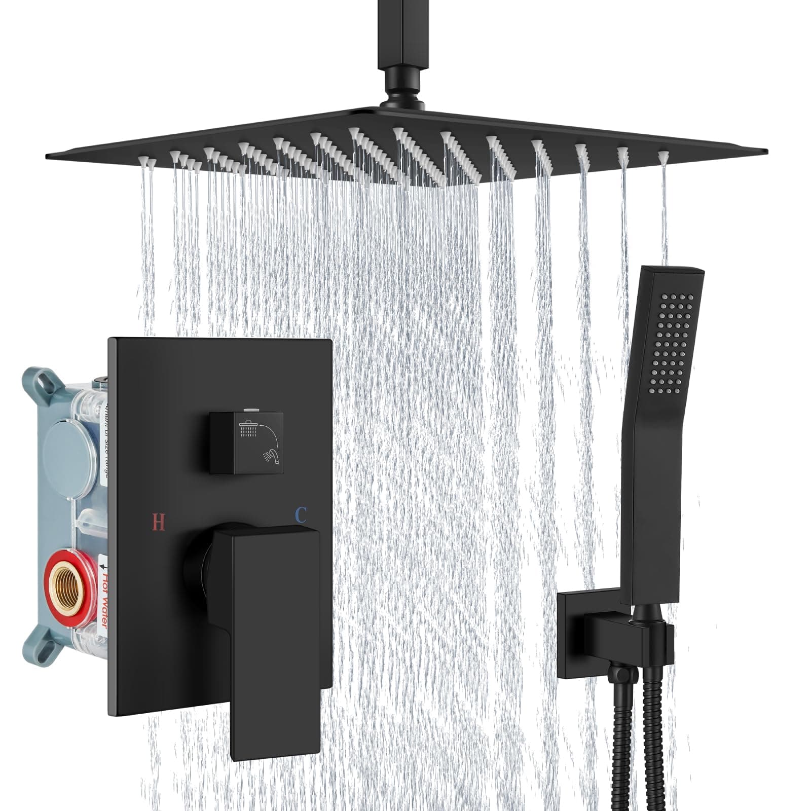 Matte Black Ceiling Mount Rain Shower Head with Handheld Spray and High Pressure Faucet Set, Includes 16 Inch Shower Head and Trim Kit