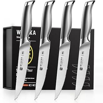 WIZEKA Steak Knives Set of 4 - German Stainless Steel - 5 Inches Serrated Straight Edge Steak Knife Set, One Piece Design Knife Set of Steak with Box, Silver Wings Series