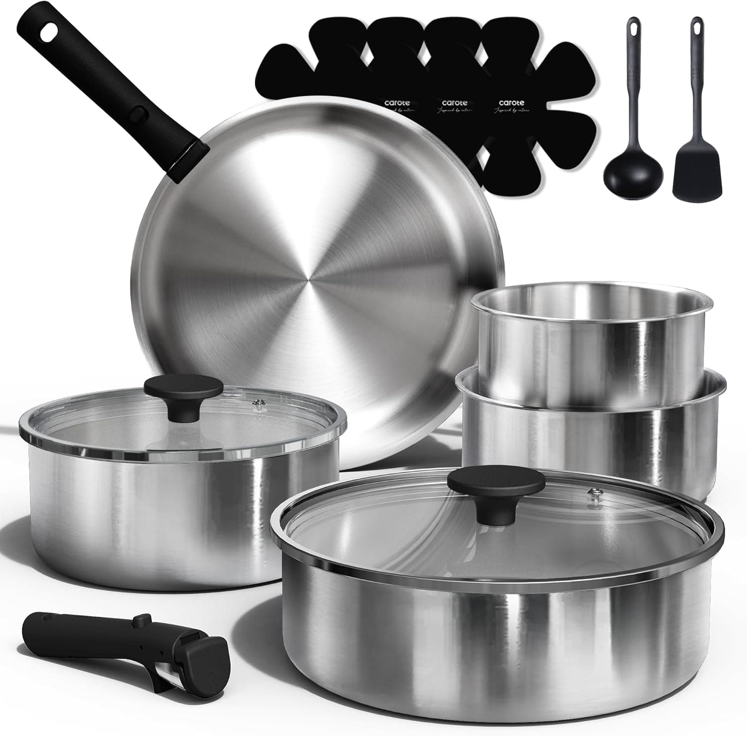 Pots and Pans Set, Stainless Steel Cookware Set Detachable Handle, 15pcs Induction Kitchen Cookware Sets with Removable Handle, RV Cookware Set, Oven Safe