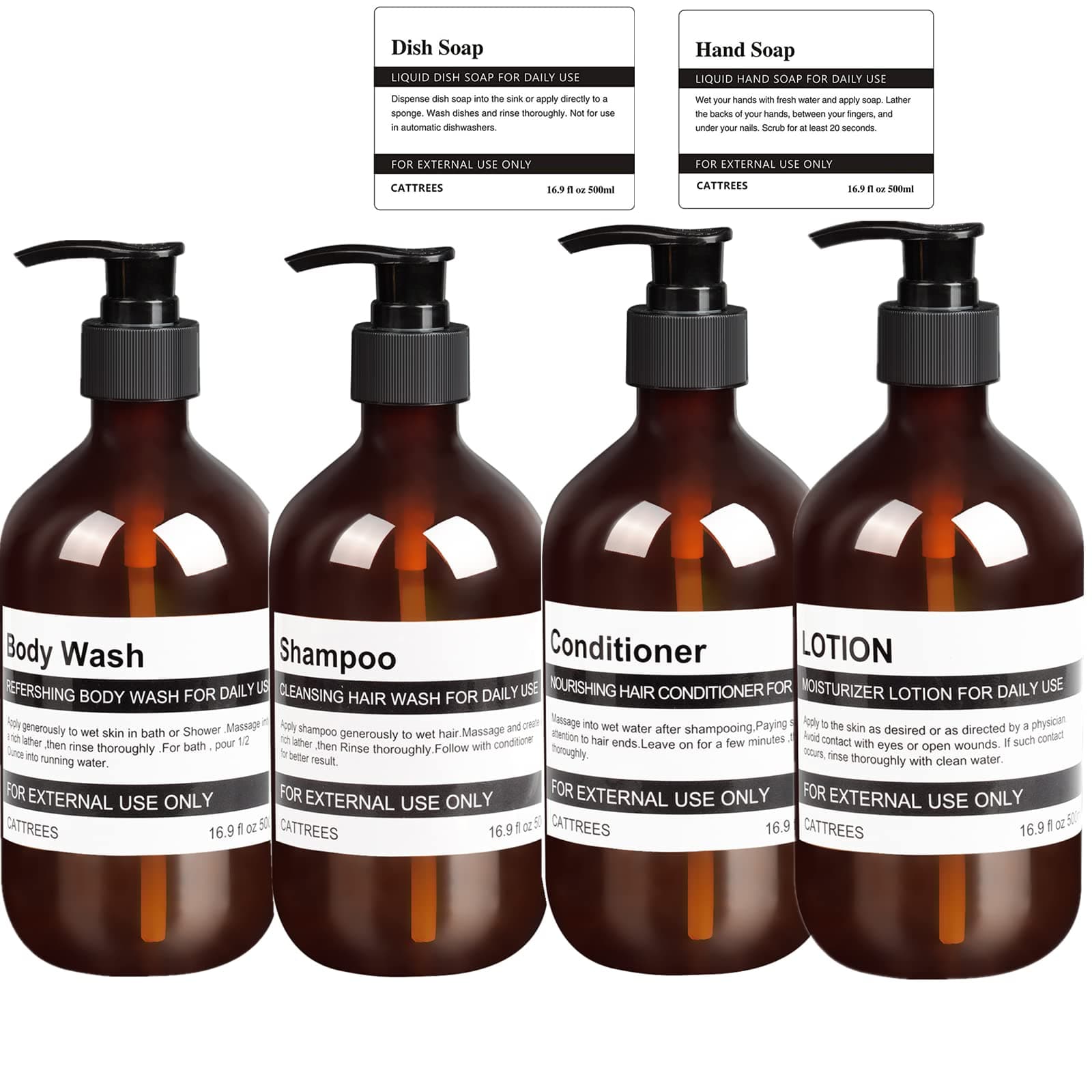 4 Pack Amber Soap Dispenser Bottle For Bathroom,16oz Empty Plastic Soap Dispenser Bottle with Pump& 6 Waterproof Labels For Shampoo Conditioner and Shower Gel Dispenser,Hand Dish Soap,Lotion.