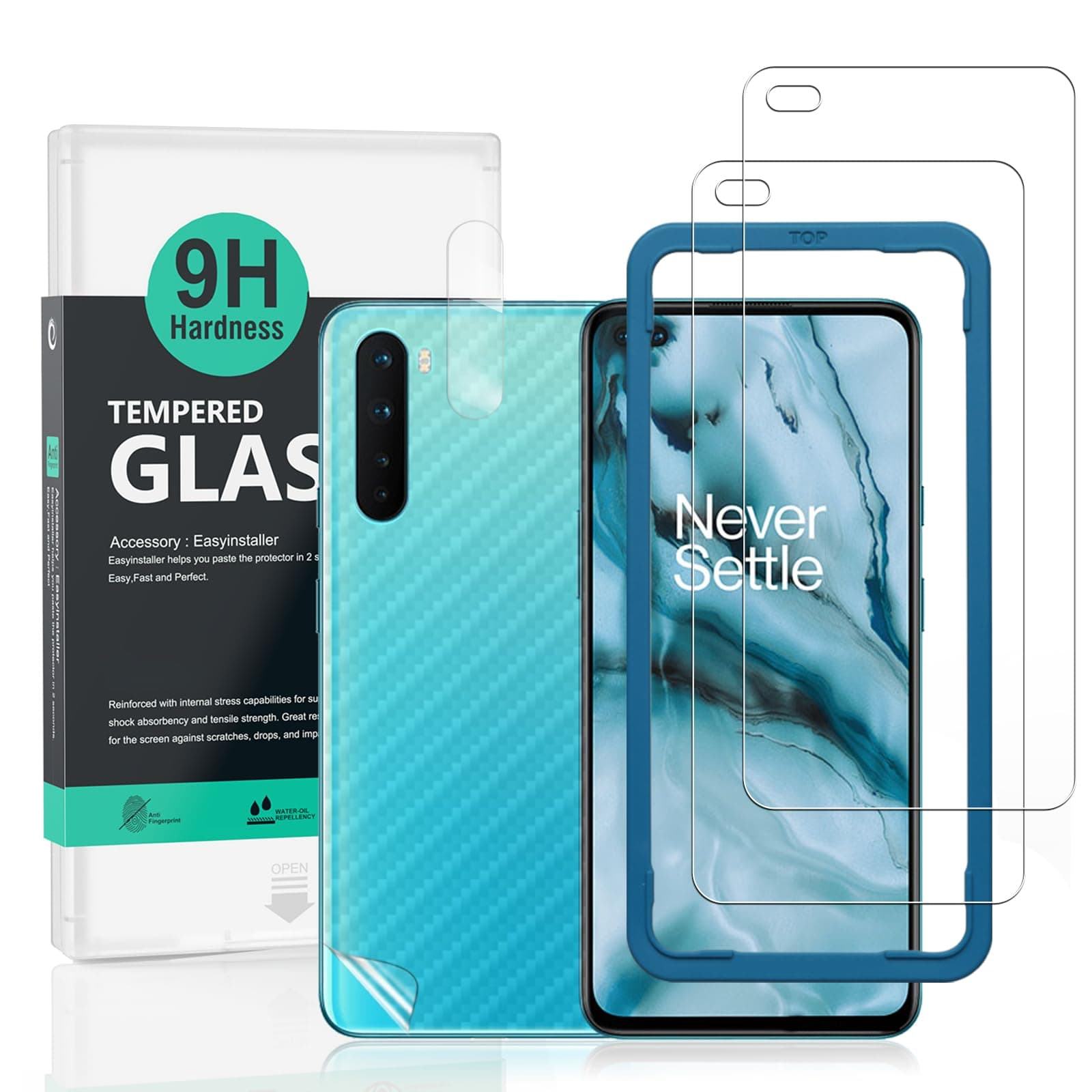 For Oneplus Nord Screen Protector, 2 Pack 9H Hardness Tempered Glass,With 1Pc Camera Lens Protector,1Pc Back Carbon Fiber Film,Easy to install