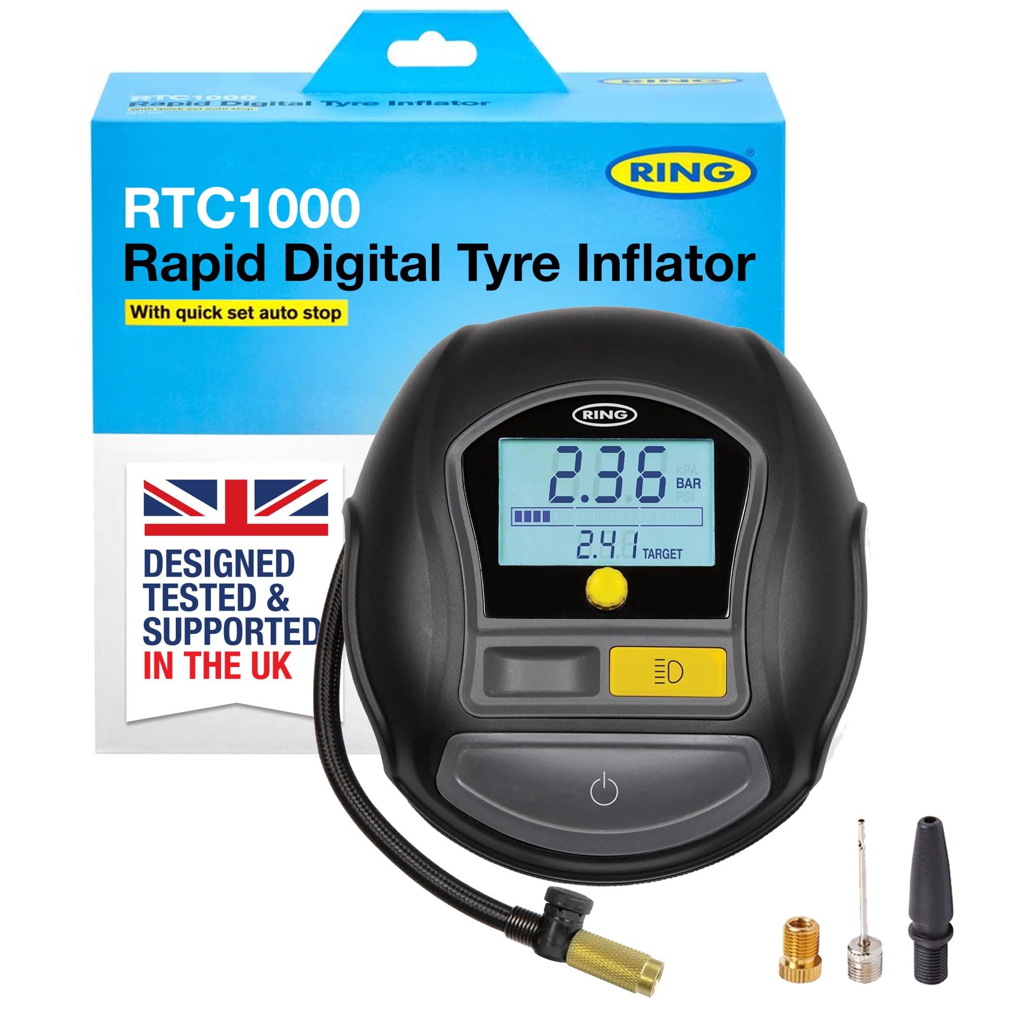 RING TYREINFLATE 1000 Rapid Digital Tyre Inflator Air Compressor With Three Adaptors - Measures in PSI, BAR & Kpa