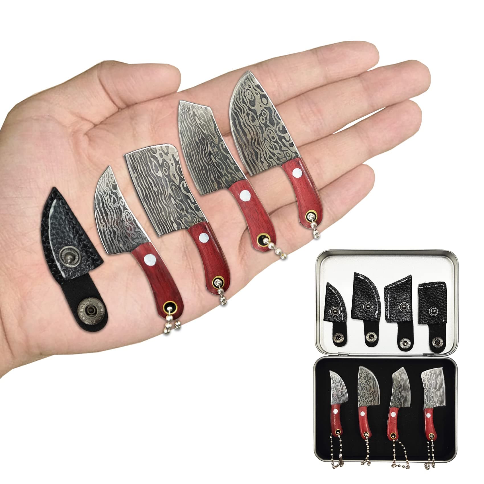 4Pcs Damascus Pattern Pocket Knife Mini Box Opener,Hung on Keyring, Tiny Package Knife | Small Parcel Opener Keychain Pocket Knife Set with Sheath Gadget for Men