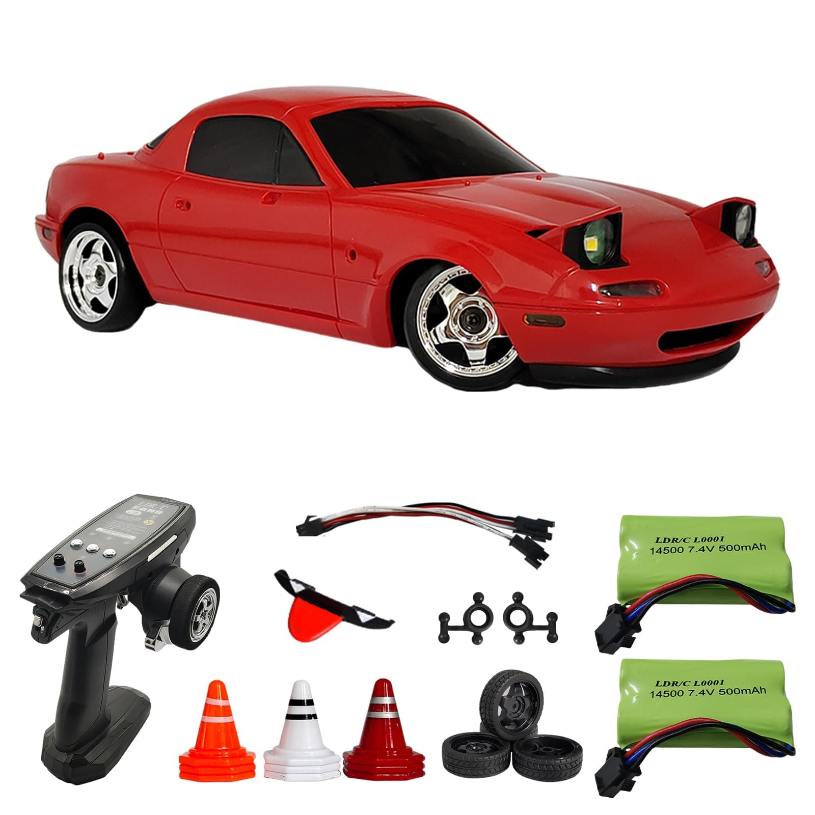 Skymaker LDRC Mazda MX5 Miata RC Drift Car 1/18, 2.4GHz Drifting with Gyro Pop-up Lights, RWD Drift Car for Adult Gift (Red with 2 Batteries)