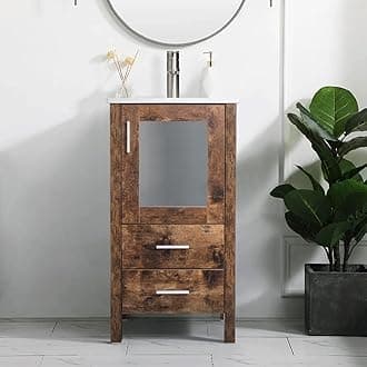 UEV 16" Antique Bathroom Vanity, Small with Ceramic Basin, Brown with One Door and Two Drawers, Minimalist (Without Faucet)