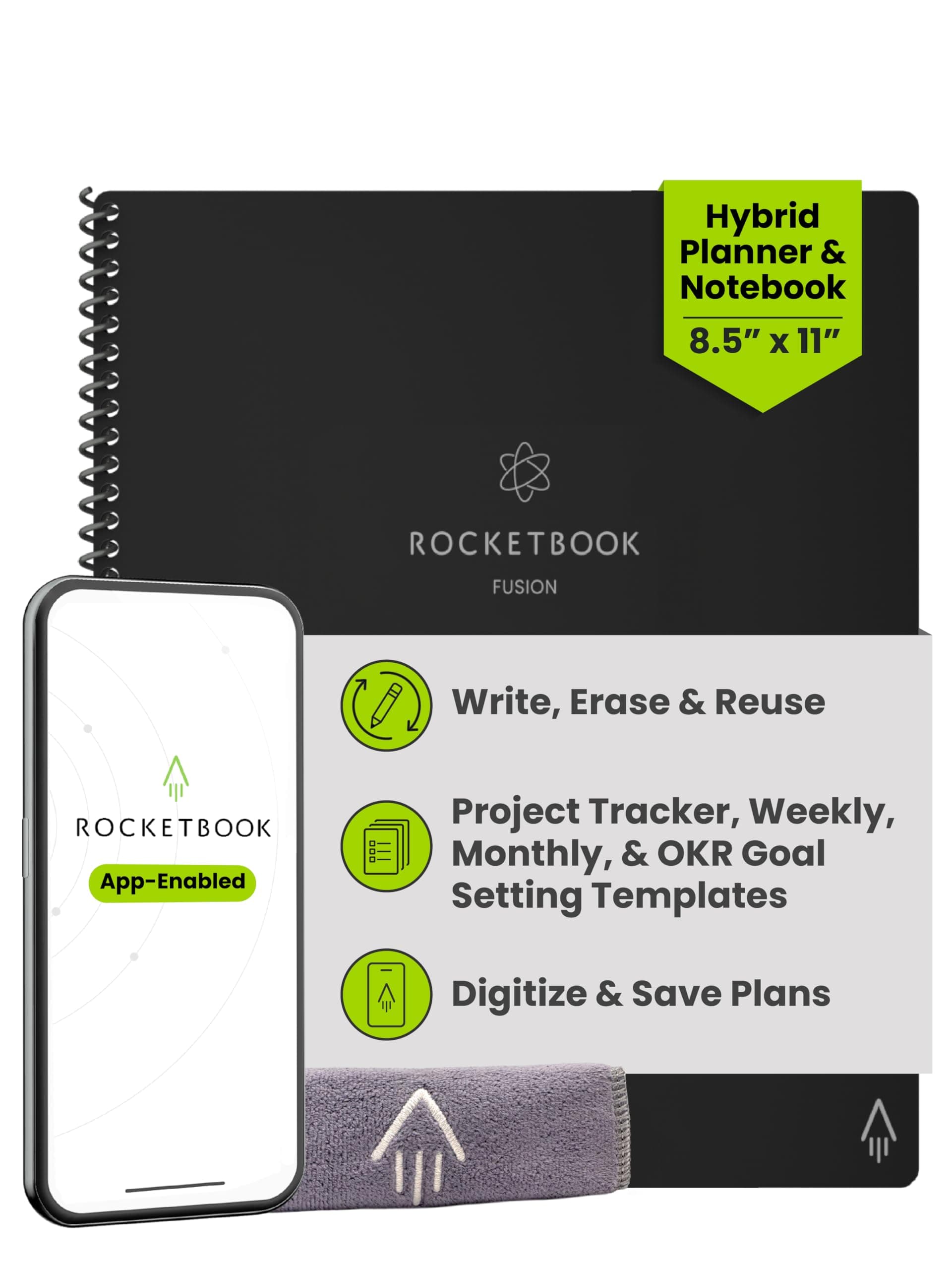 Fusion Smart Reusable Notebook - Calendar, To-Do Lists, and Note Template Pages with 1 Pilot Frixion Pen & 1 Microfiber Cloth Included - Infinity Black Cover, Letter Size (8.5" x 11")