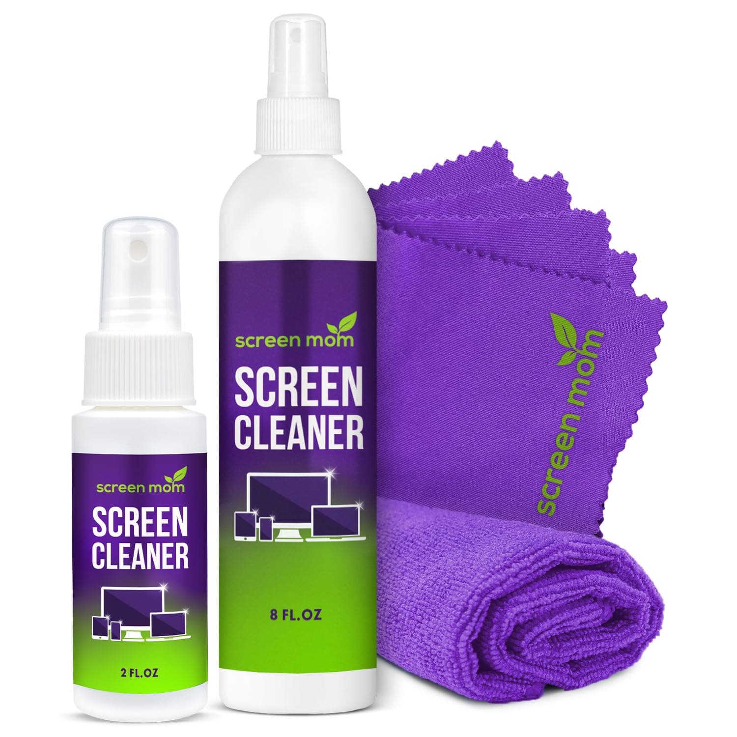 Screen Mom Screen Mom Screen Cleaner Home & Away Bundle – Designed for LED, LCD, Plasma, TV, iPad, Laptop, Computer Monitor, Tablets, Phones, Eyeglasses - Includes 8oz & 2oz Bottle with 4 Micro