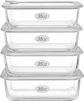 Glass Food Containers with Glass Lid, Microwave Safe Food Storage Container Set, 4 Pack of 35oz, Large Size Airtight Storage Set with Leak Proof Lids, Meal Prep Containers