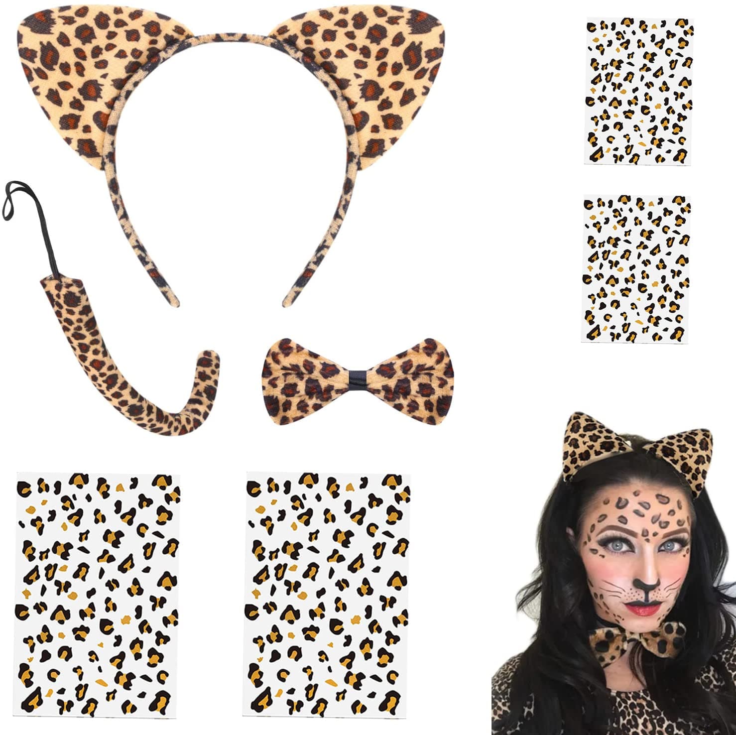 Ears Headband, 3Pcs Leopard with 4Pcs Leopard Temporary Face Stickers, Cat Ears Headband Bow Tie Tail for Kids Adults Halloween Cosplay Party Costume, Birthday Party Dress Up