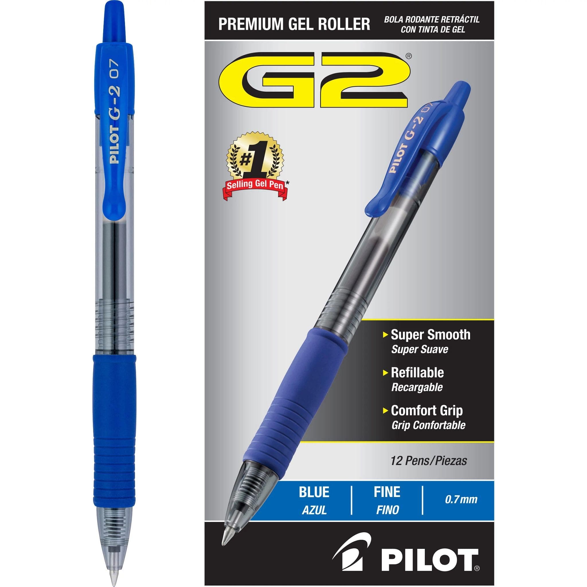 PILOT G2 Premium Refillable & Retractable Rolling Ball Gel Pens, Fine Point, Blue Ink, 12-Pack (31021)
