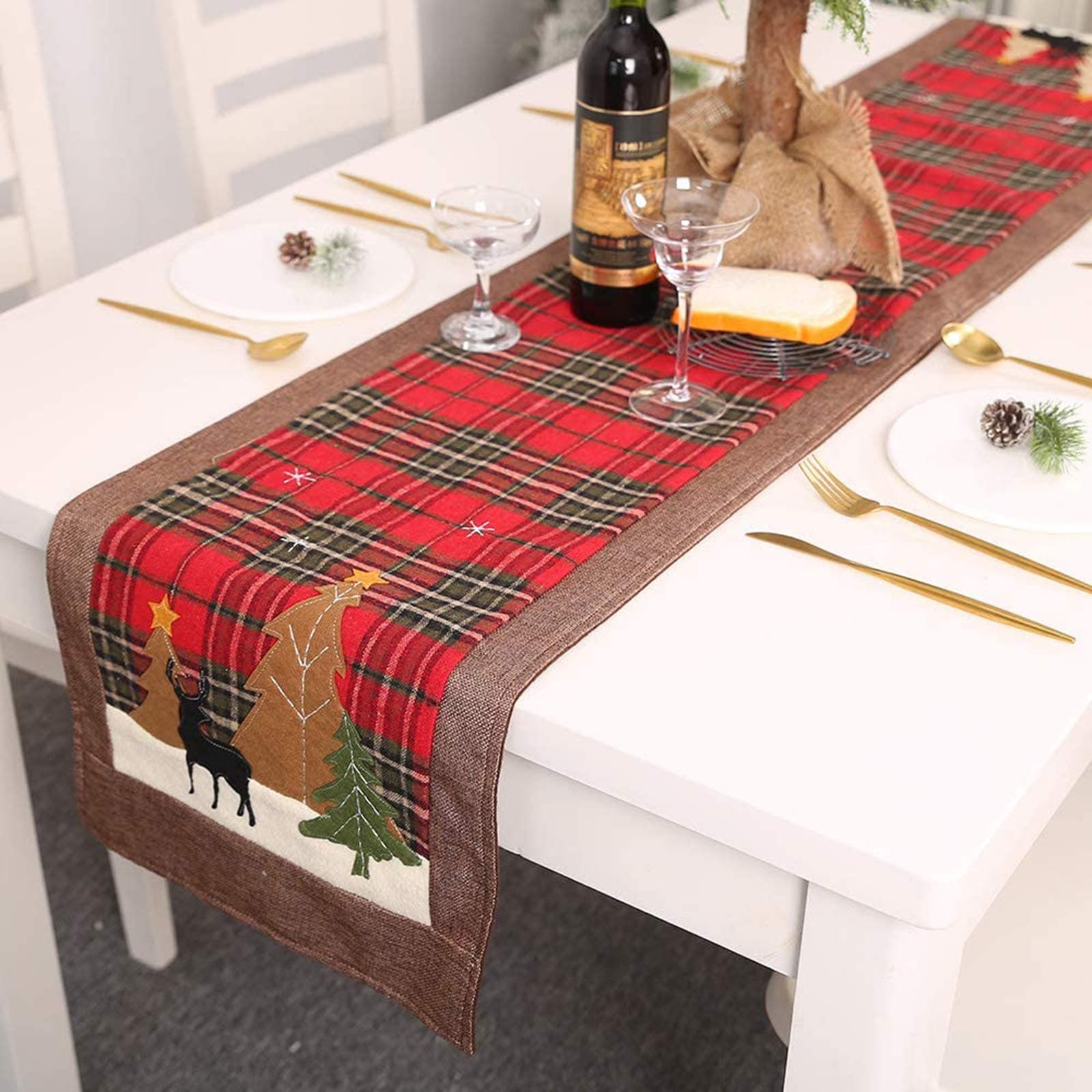 EwoleeChristmas Table Runner, 6FT Double Layers Buffalo Plaid Christmas Table Cloth Christmas Elk and Tree for Home Christmas Dinner Party Decoration(Check)
