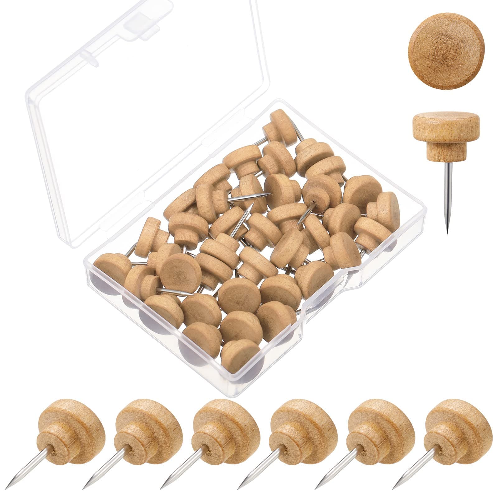 Gueevin 100 Pcs Wooden Push Pins Decorative Wood Thumb Tacks Map Tacks for Wall Hanging Bulletin Cork Foam Boards, Map Photos Calendar and Home Office Supplies with Box(Natural Wood)