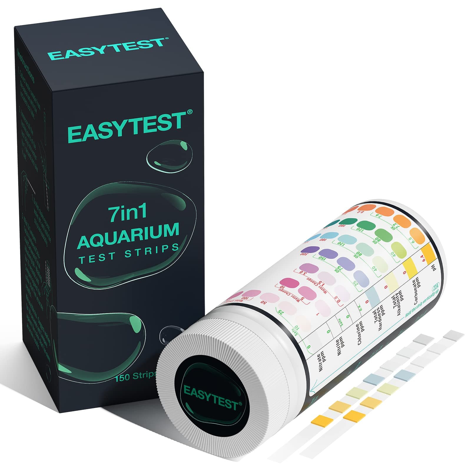 EASYTEST 7 in 1 Aquarium Test Strips, 150 Strip Pack Aquarium Water Test Kit for Freshwater, Fish Tank, Fish Pond,Accurate Testing Total Hardness,Carbonate Nitrate, Nitrite, Cl2, pH，Alkalinity