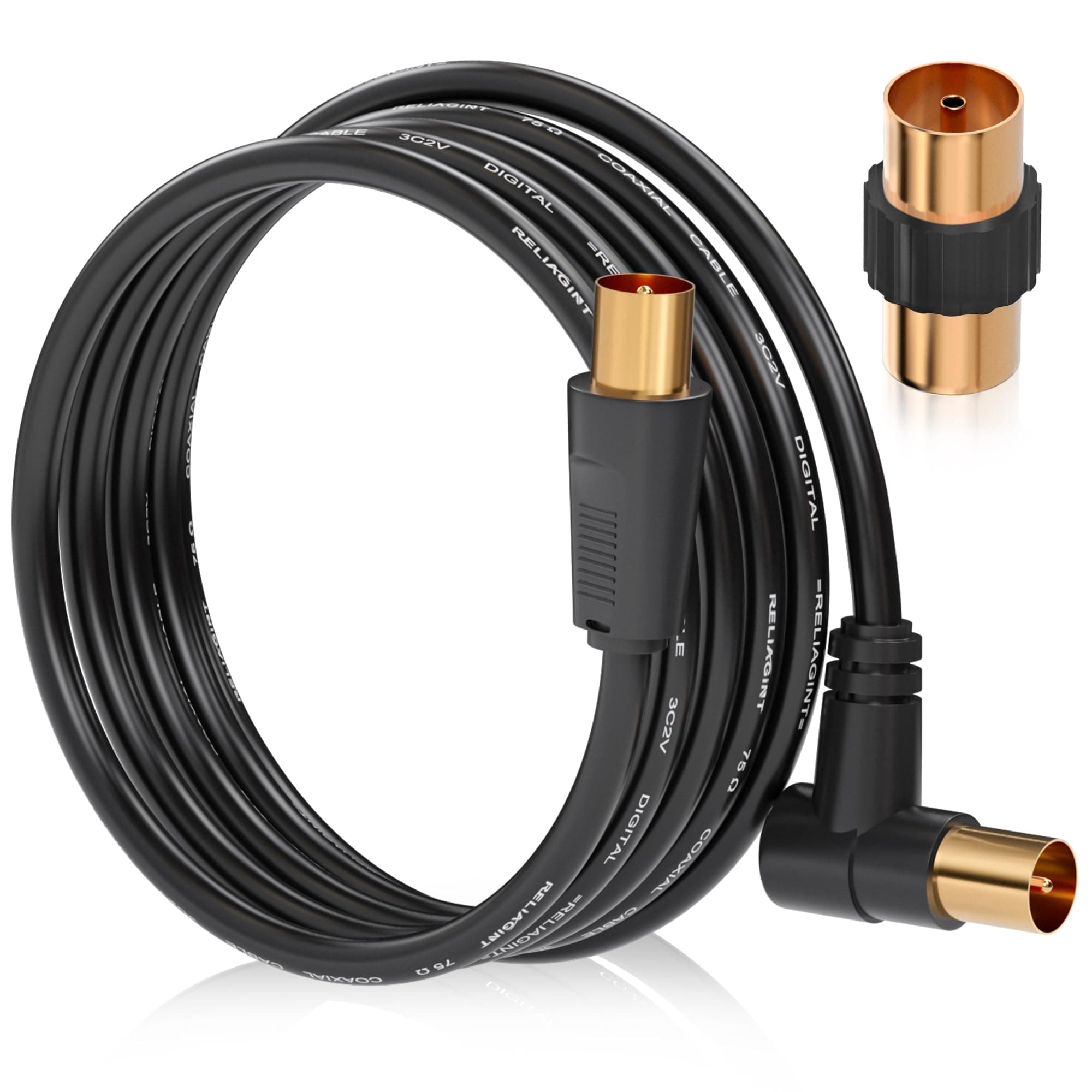 TV Aerial Cable 5m, 75 Ohm Coaxial Lead, IEC 9.5mm Male to Male 3C2V Pure Copper Dual Shielded, Right-Angle Connector, Female to Female Adaptor Included, Black