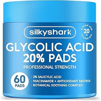 SilkyShark Glycolic Acid 20% Resurfacing Pads (60 Count), 20% Ultra Pure Glycolic Acid + 2% Salicylic Acid, Exfoliating Peel Pads for Face & Body, Effective Chemical with Vitamin B&C&E