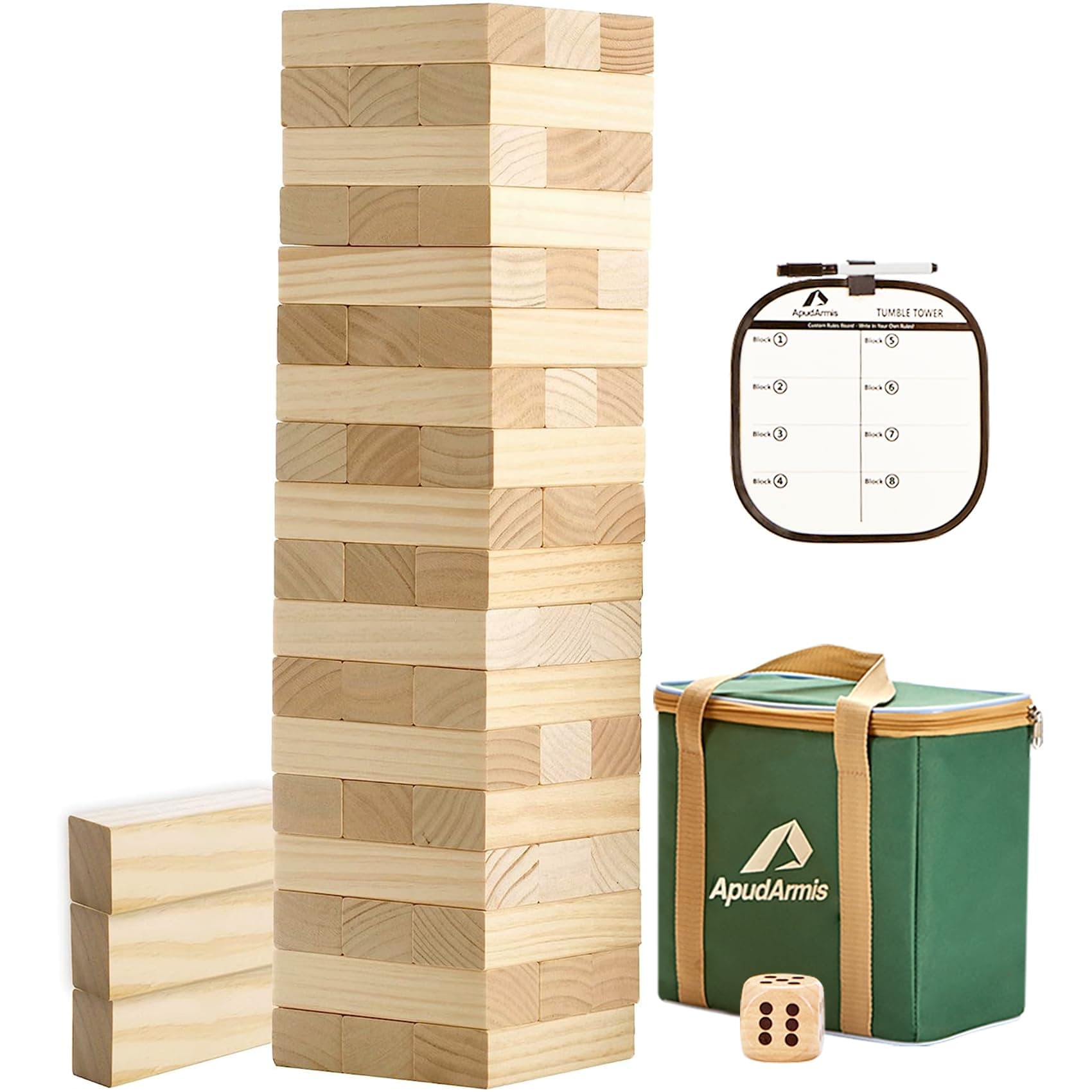54 PCS Tumble Timber Set [Up to 3.2FT], Pine Wooden Tumble Tower Game with Dice and Scoreboard Set - Classic Block Stacking Board Game for Teens Adults