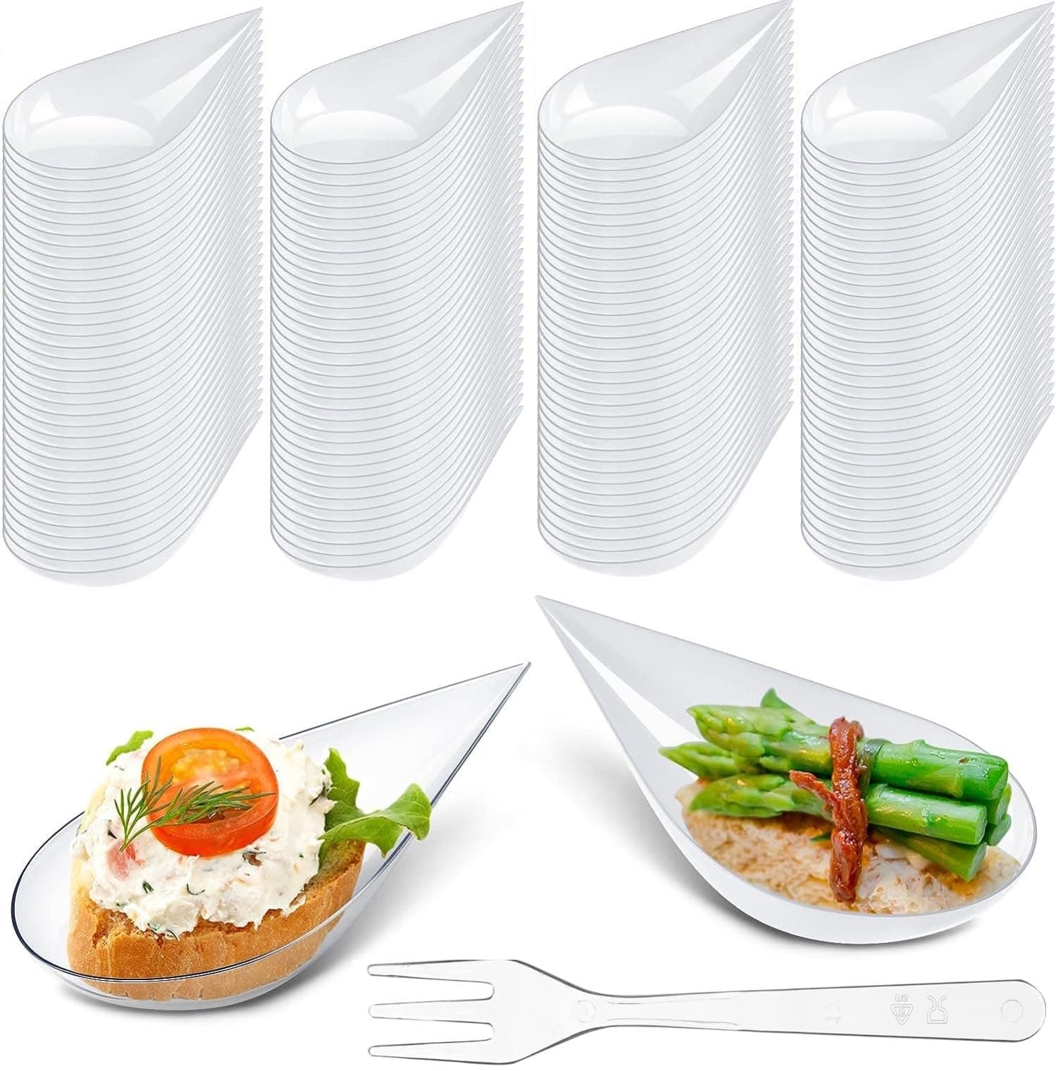 LATERN 100Pcs Plastic Appetizer Plates with Forks, 5CM Tear Drop Dessert Tasting Dishes Clear Parfait Appetizer Bowls Reusable Serving Plates for Dessert Appetizers Sample Party (10 x 5cm)