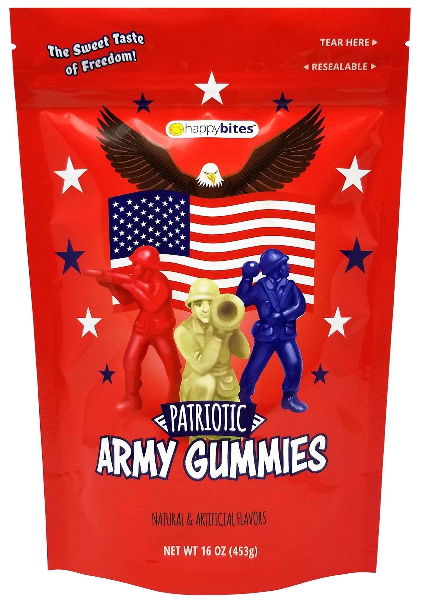 Happy Bites Patriotic Army Gummies - Cherry, Pineapple, & Blue Raspberry - American Military Heroes - Gluten Free, Fat Free & Dairy Free (Resealable 1 Pound Bag)