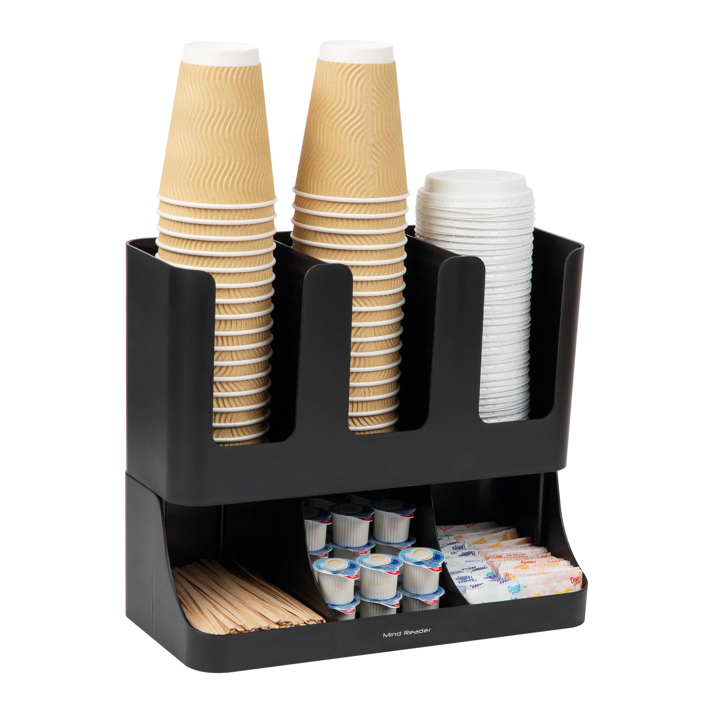 Mind Reader Plastic 6 Compartment Upright Breakroom Coffee Condiment and Cup Storage Organizer, Black