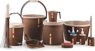 Nabhya Newton 11Piece Complete Plastic Bathroom Essential Set for Home, Kitchen & Bathroom Includes 20L Bucket, 18 L Tub, Big Stool, Dustbin, and More (Pack of 11) (Brown)
