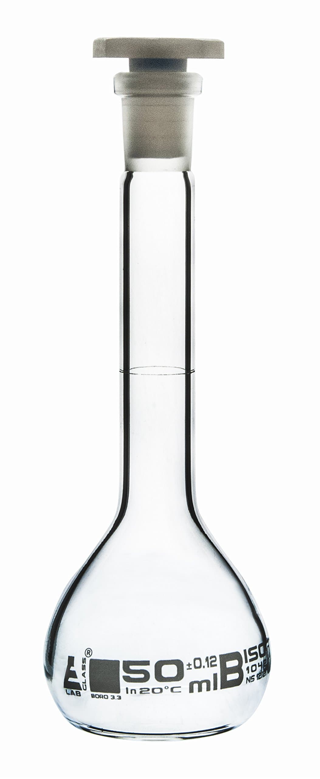 EISCO - Volumetric Flask, 50 ml, Class, B, with Polypropylene Stopper, Socket Size-12/21, Made of Borosilicate Glass 3.3, Pack of 2