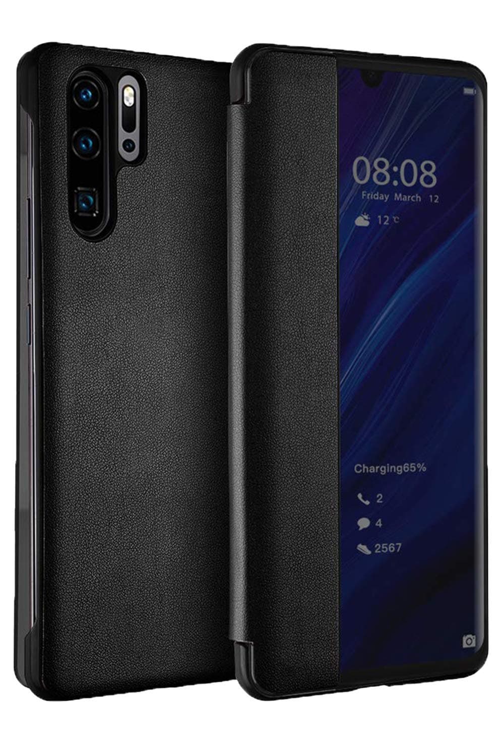 Umhlaba P 30 Pro Case Compatible with Huawei P30 Pro Phone Cover Huwai P30pro Pro30 Flip Smart View Kickstand Rugged Protective Bumper 6.47 inch (Black)