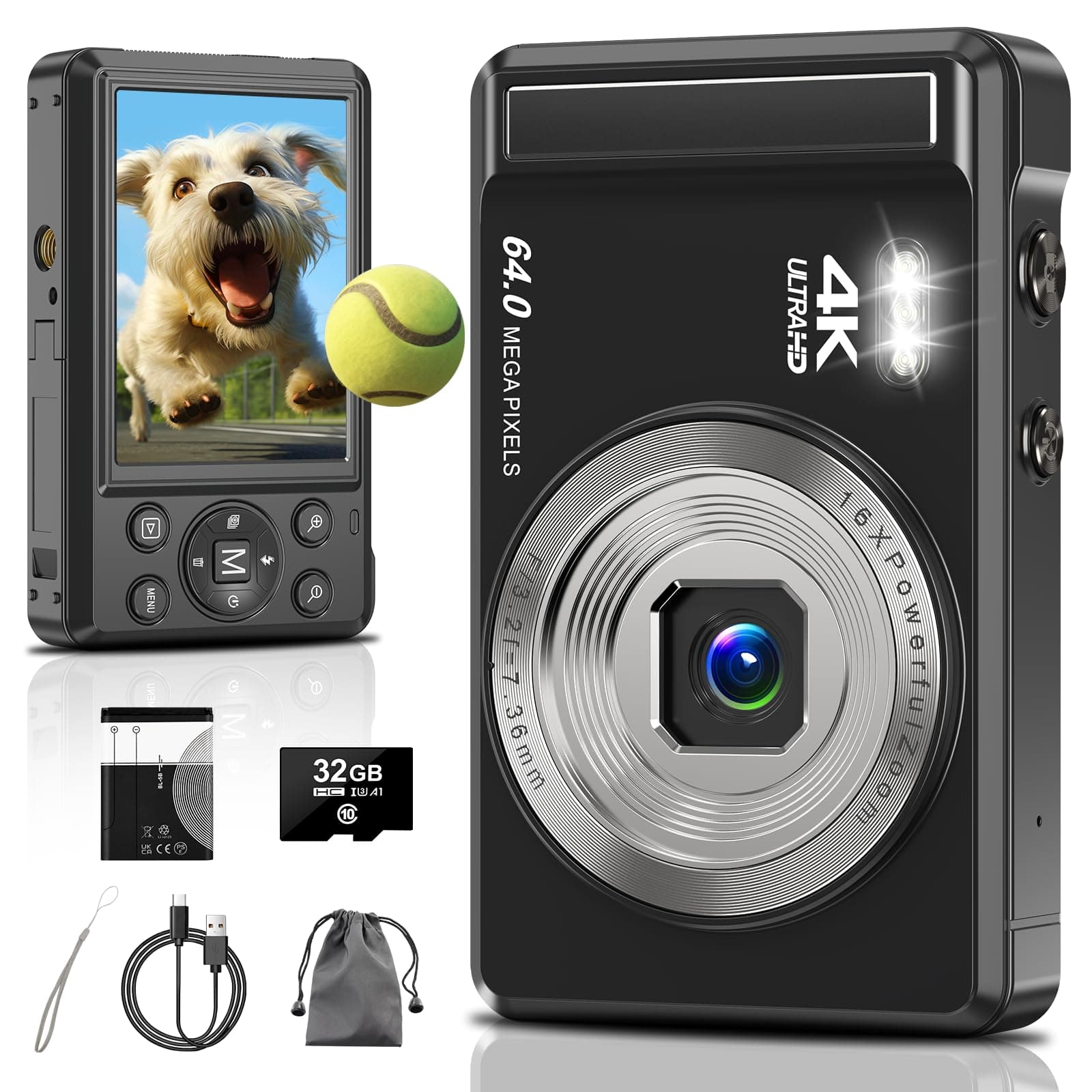 4K 64MP Digital Camera,2.8" UHD Compact Cameras with 16X Digital Zoom, Autofocus Rechargeable Vlogging Cameras with 2 1200mAh Batteries, 32GB Card, Portable Camera for Teens Students Kids Boys Girls