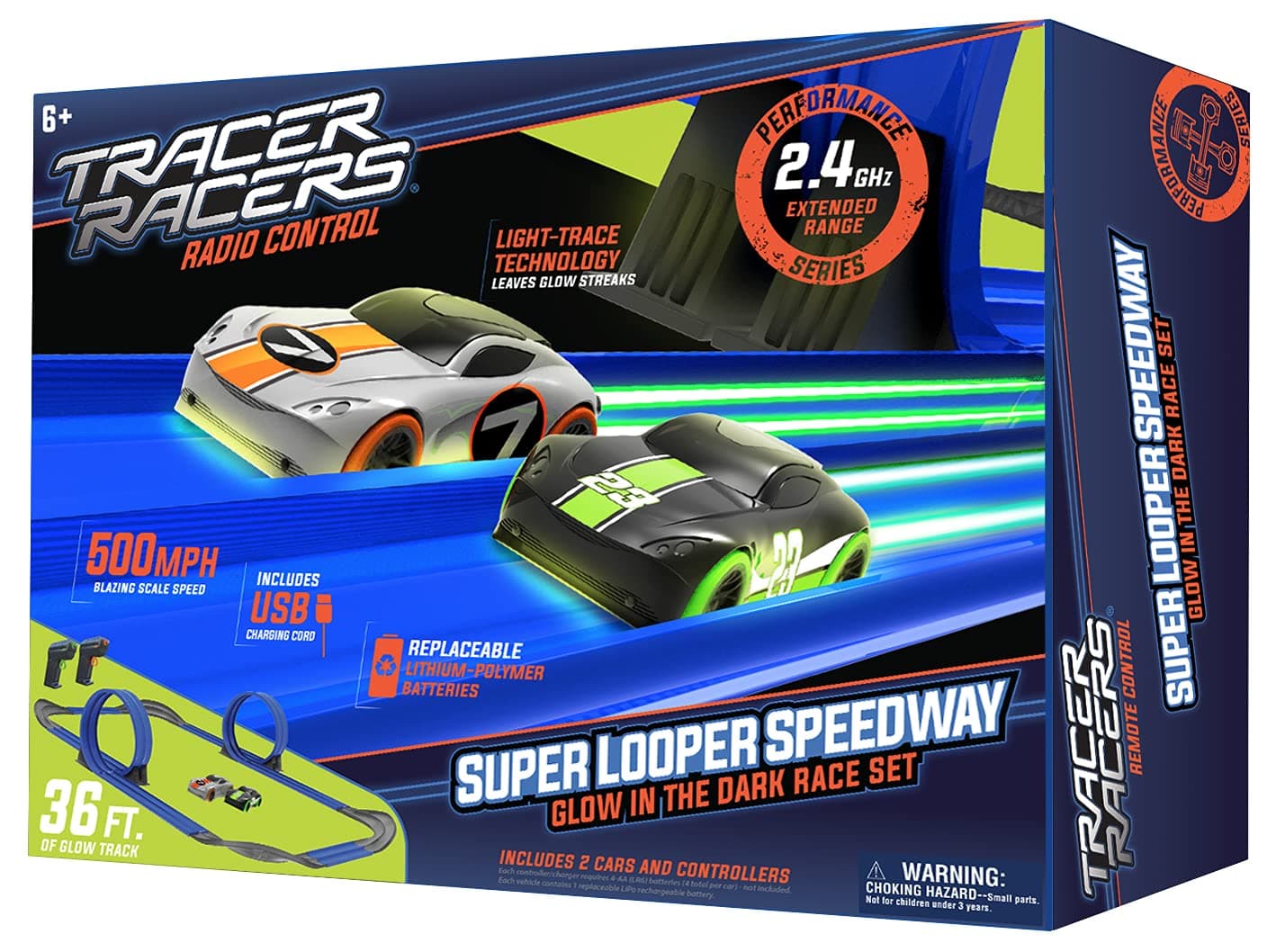 Remote Control Cordless Glow in The Dark High-Speed Super Loop Speedway Track Set with Two Cars for Dual Racing, Glow Blue