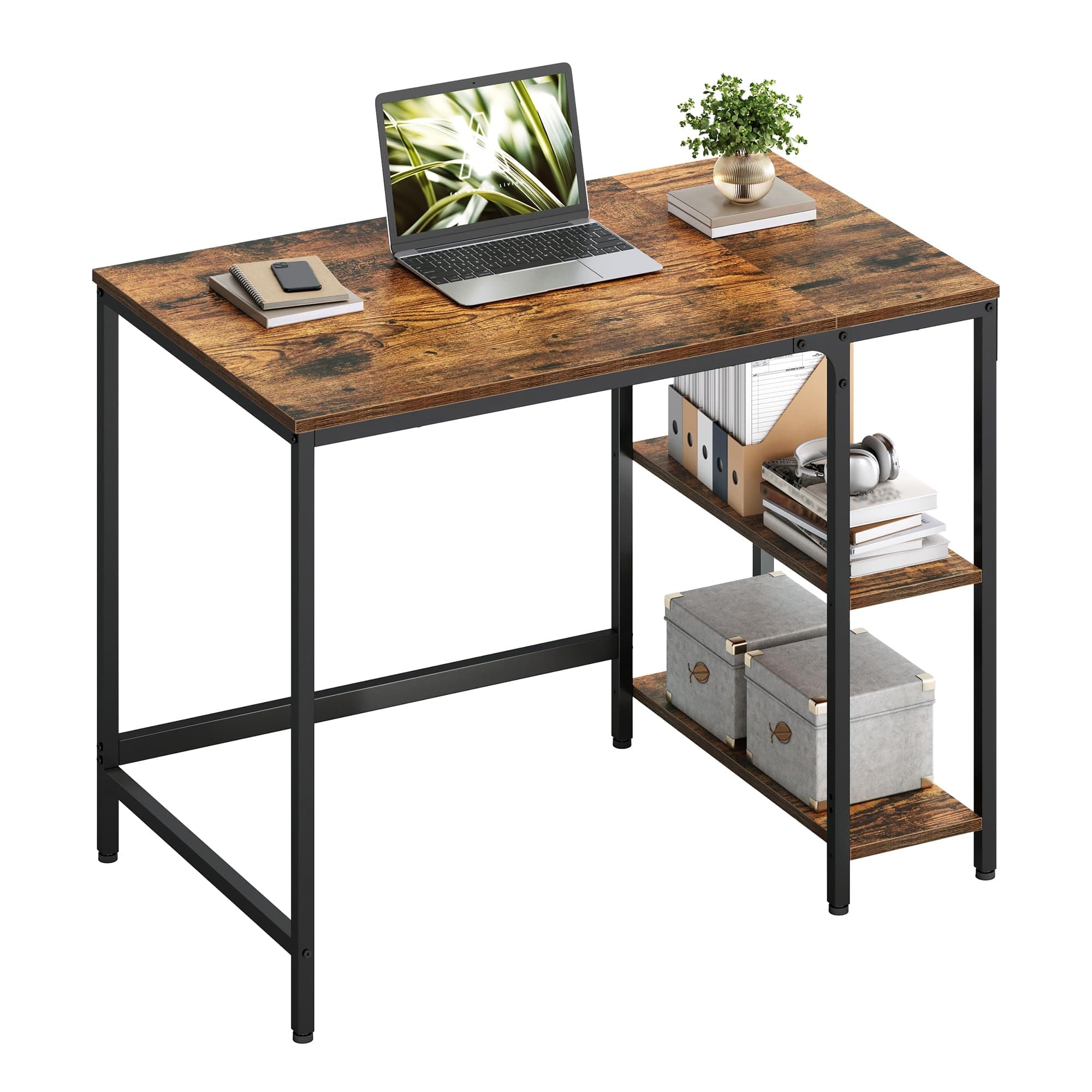 VASAGLE Computer Desk, Office Desk, 100 x 50 x 76 cm, Industrial Style, for Study, Bedroom, Living Room, Rustic Brown and Ink Black LWD046B01