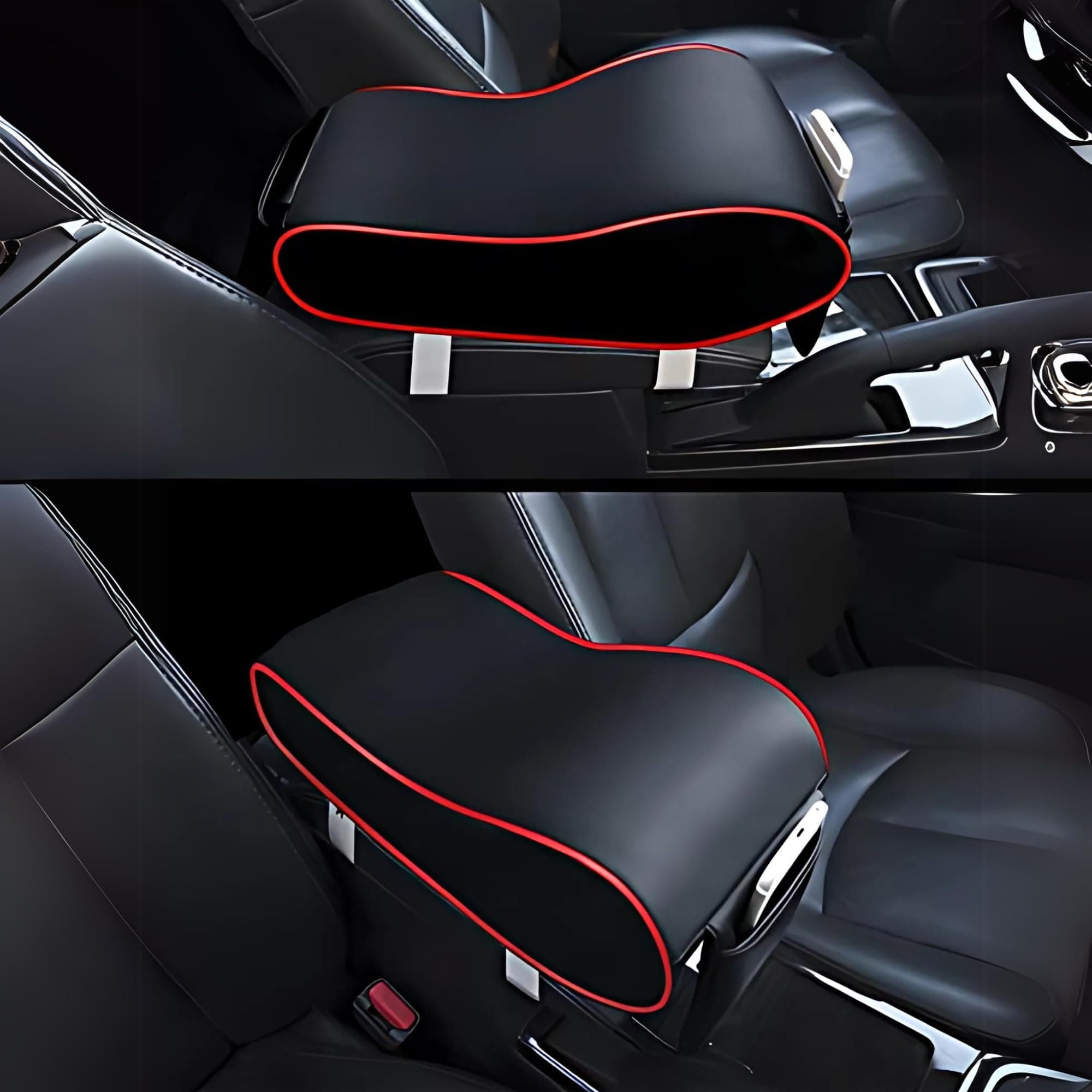 PegasusPremium 3D PU Leather Breathable Memory Foam Car Centre Console Armrest Cushion with Phone Pocket for All Cars (Black-Red)