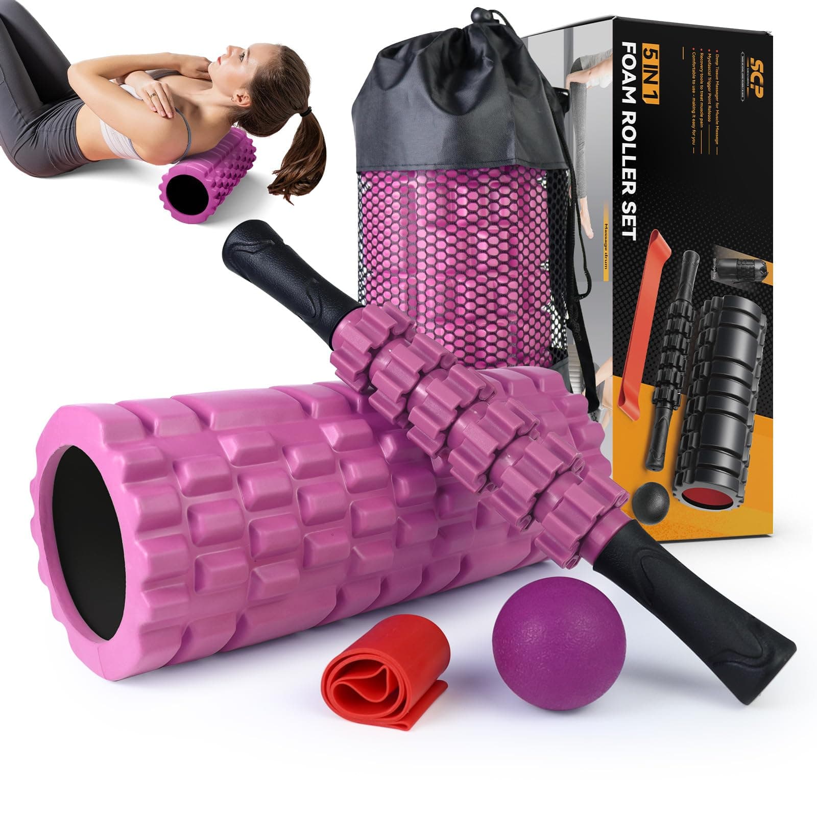5 in 1 Foam Roller Set for Deep Tissue Muscle Massage, High Density Fitness Exercise Foam Roller, Massage Roller, Massage Ball, Resistance Band, for Whole Body (Pink-Black)