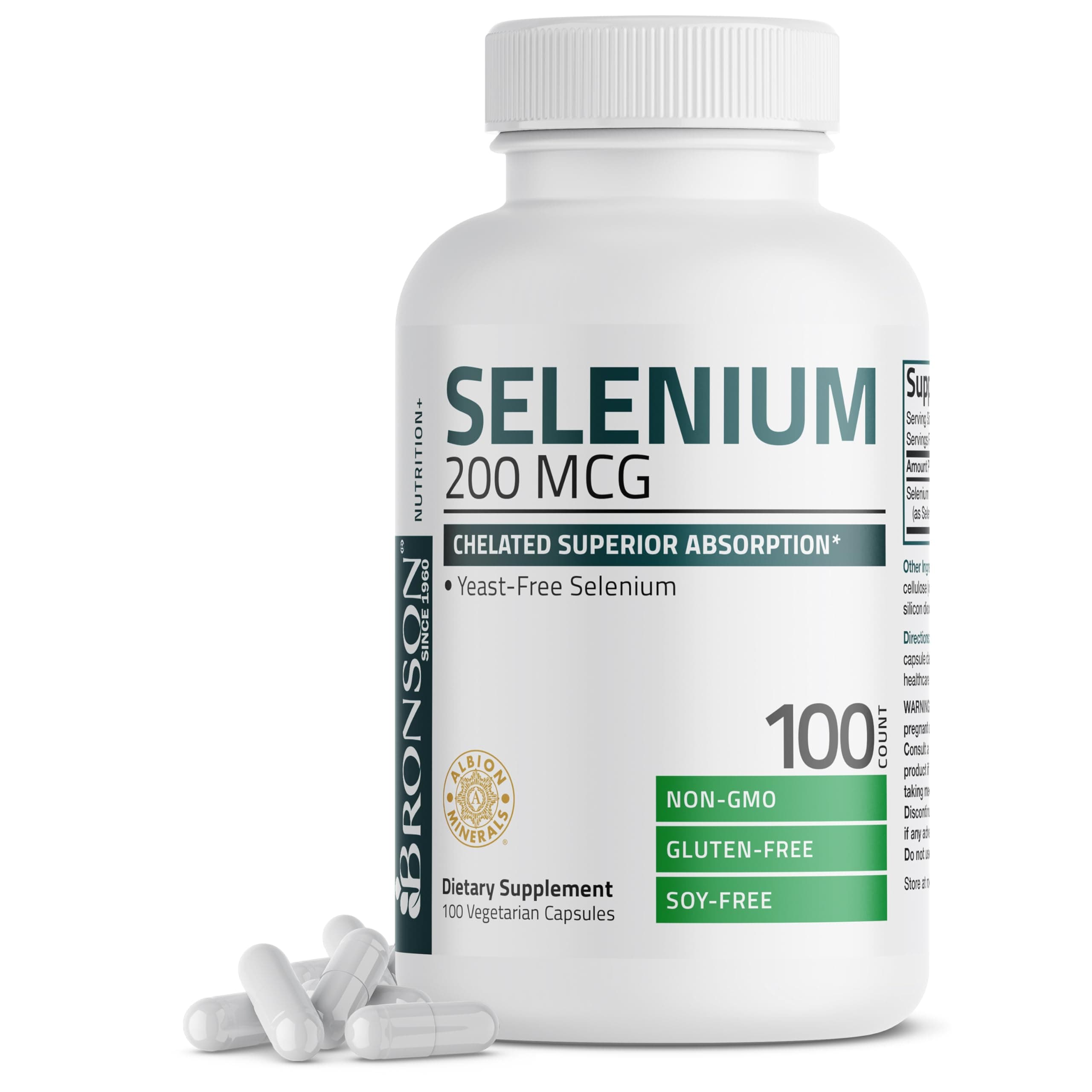 Bronson Selenium 200 mcg – Yeast Free Chelated Amino Acid Complex - Essential Trace Mineral with Superior Absorption, 100 Vegetarian Capsules