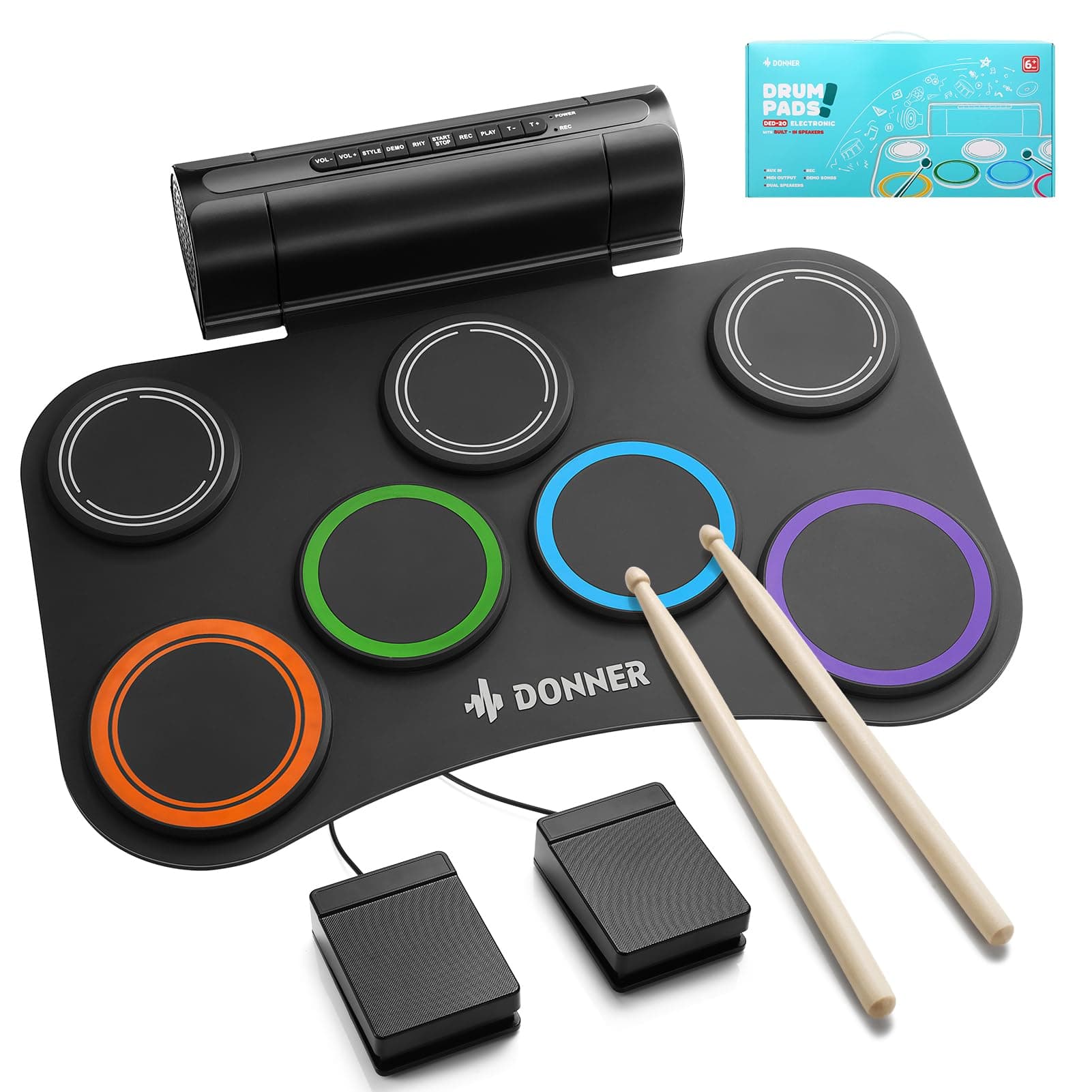 Donner Electric Drum Set Upgrated, 7 Pads Electronic Drum Pad Roll Up Quiet Drum Pad Built-in Speaker, 40 Lessons Included, Kids Holiday Christmas & Birthday Gift Instrument Toys(DED-20R) NEW