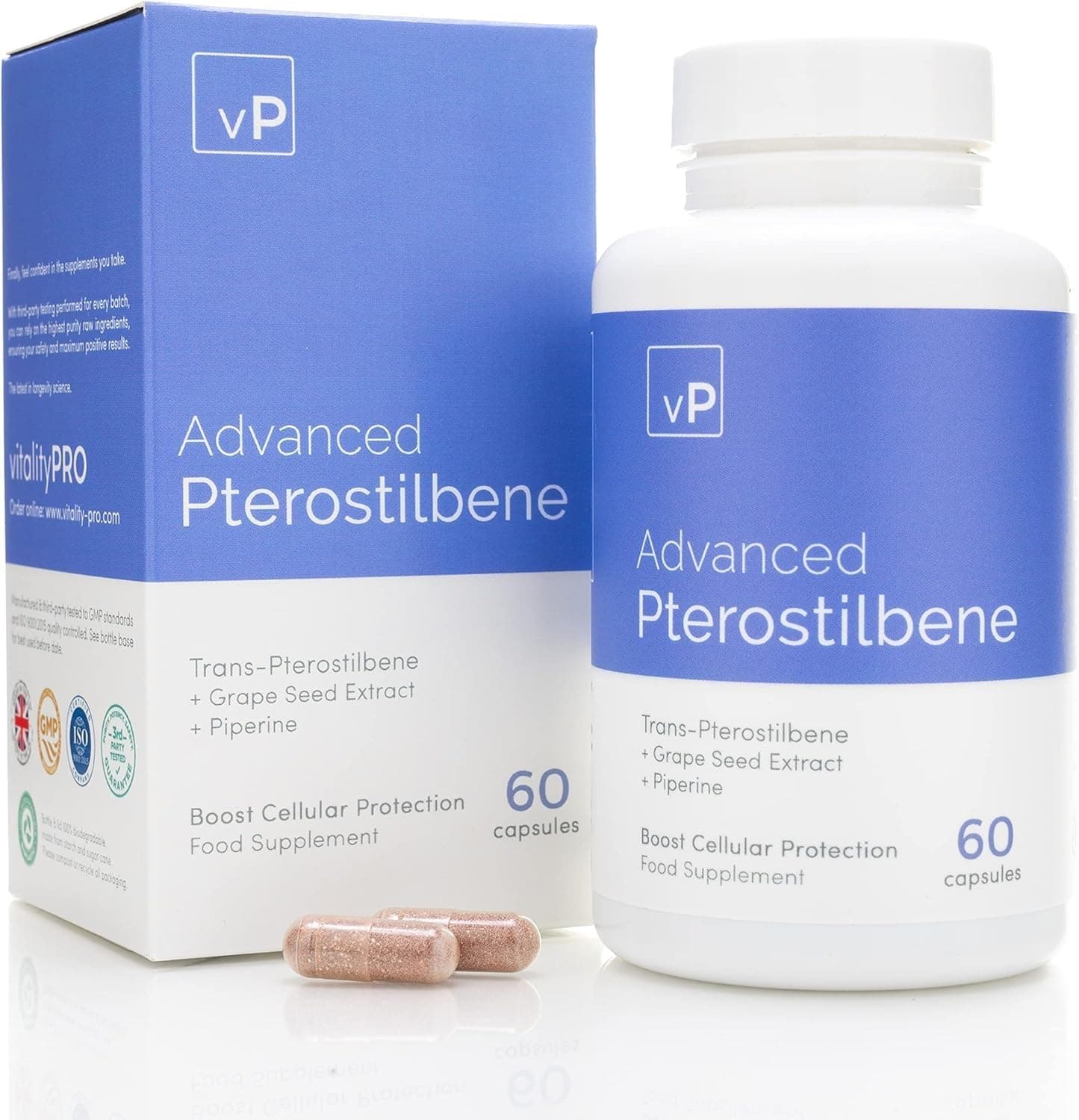 Advanced Pterostilbene 60 Capsules - Third Party Tested Over 98% Purity - Trans-Pterostilbene Supplement -