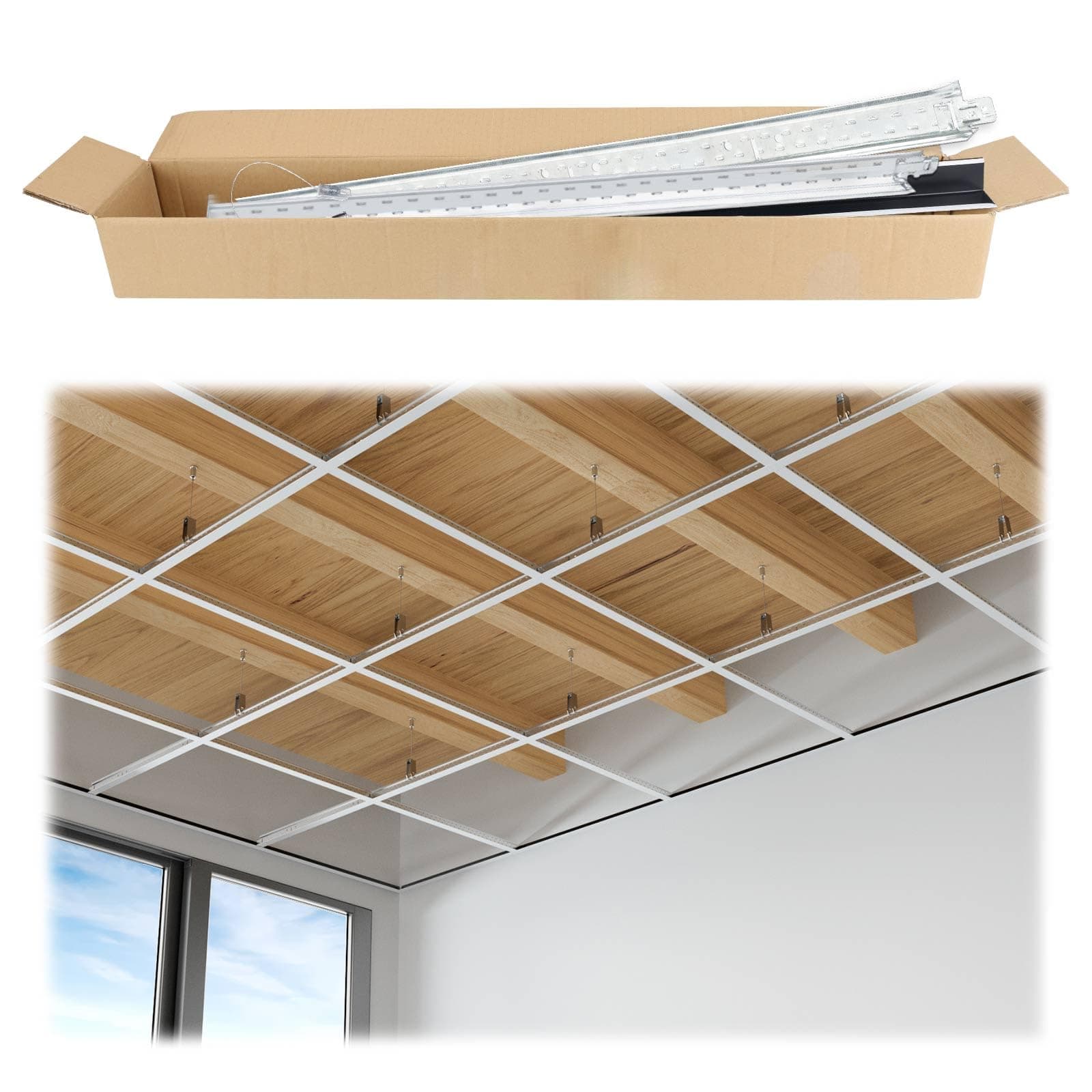 64 Sq Ft Drop Ceiling Grid System White Complete Set Galvanized Steel Grid Kit Easy Installation for Basement Living Room Kitchen Bathroom Ceiling, TS04