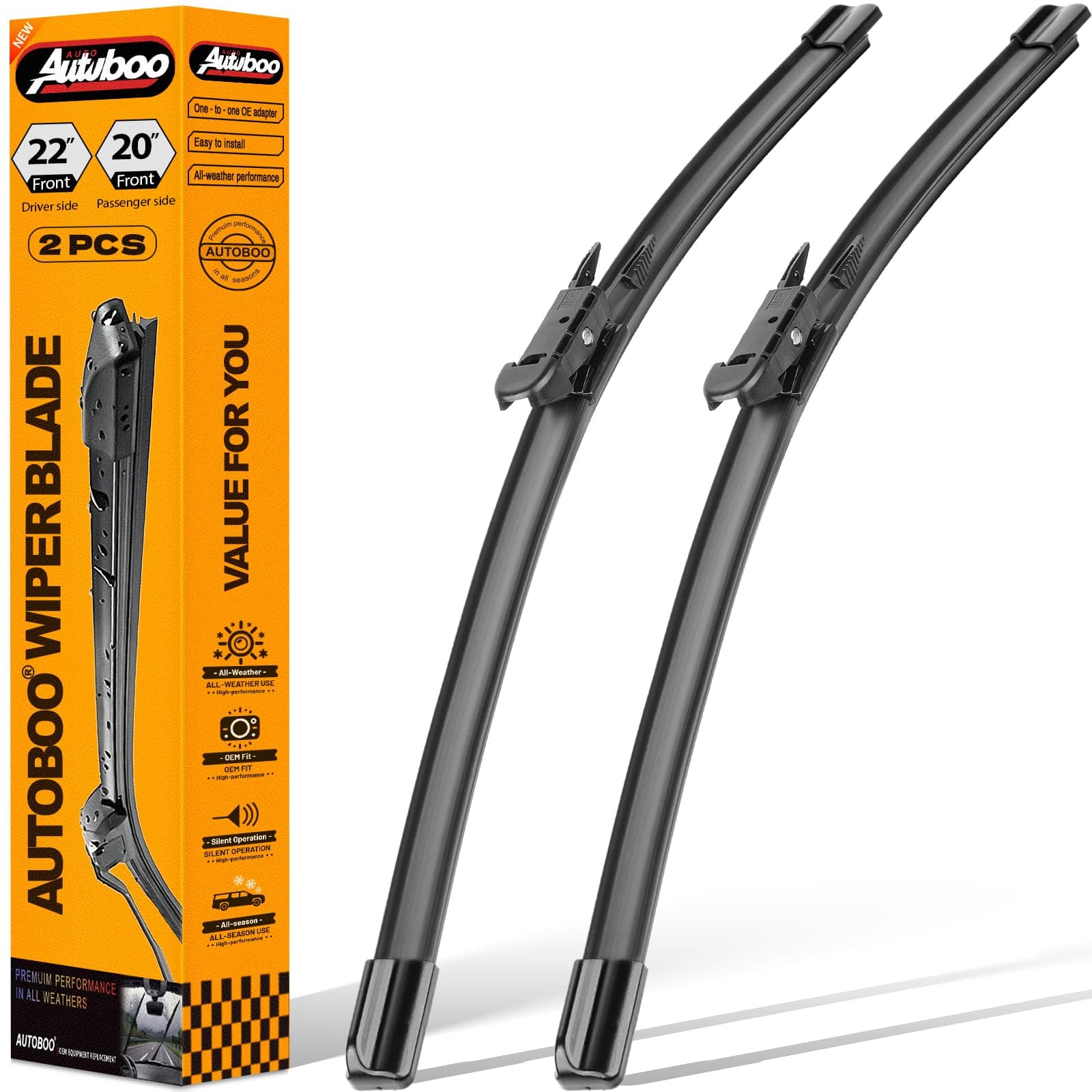 AUTOBOO 22"+20" Windshield Wipers Replacement for Ford Mustang 2010-2021 2022 2023 2024,Lincoln MKZ 2013-2020 -Original Factory Quality (Pack of 2)