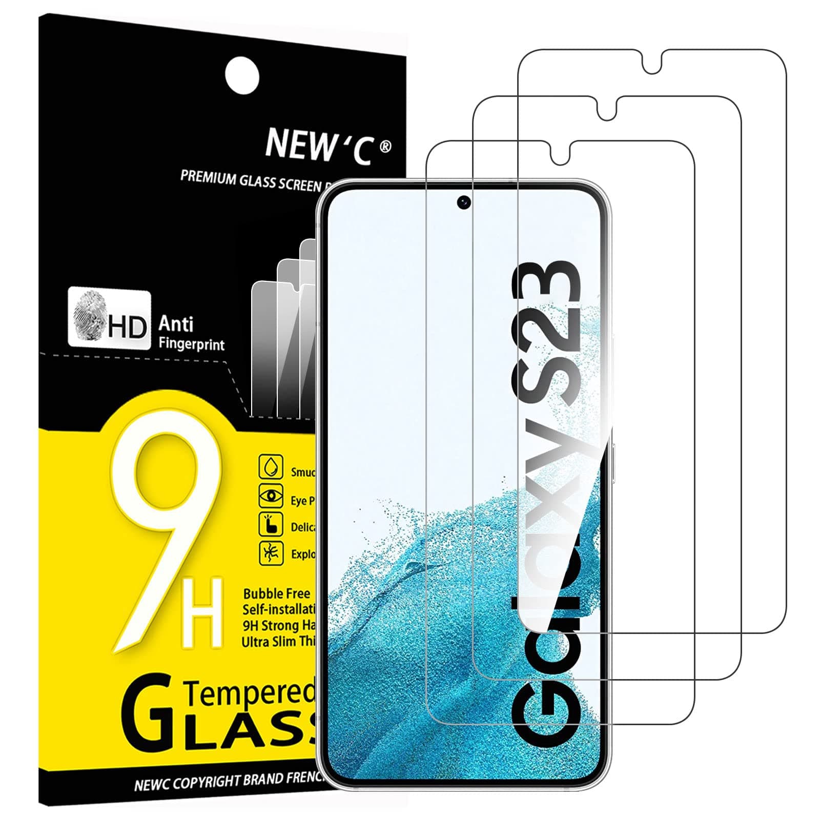 NEW'C Tempered Glass Screen Protector for Samsung Galaxy S23, Scratch Free, 9H Hardness, HD Screen Protector, 0.26 mm Ultra Clear, Ultra Resistant, Pack of 3