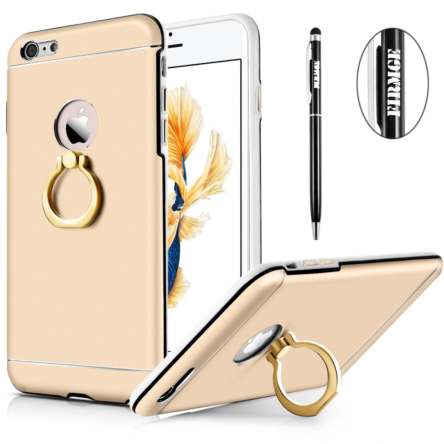 iPhone 6 Plus Case, 6s Plus Case,FIRMGE® [Stylus Pen] TPU Bumper Slim Fit Ultra Thin Hard Protective Cover Case with 360 Degree Rotating Ring Kickstand for iPhone 6 Plus /6s Plus 5.5 Inch(Gold)