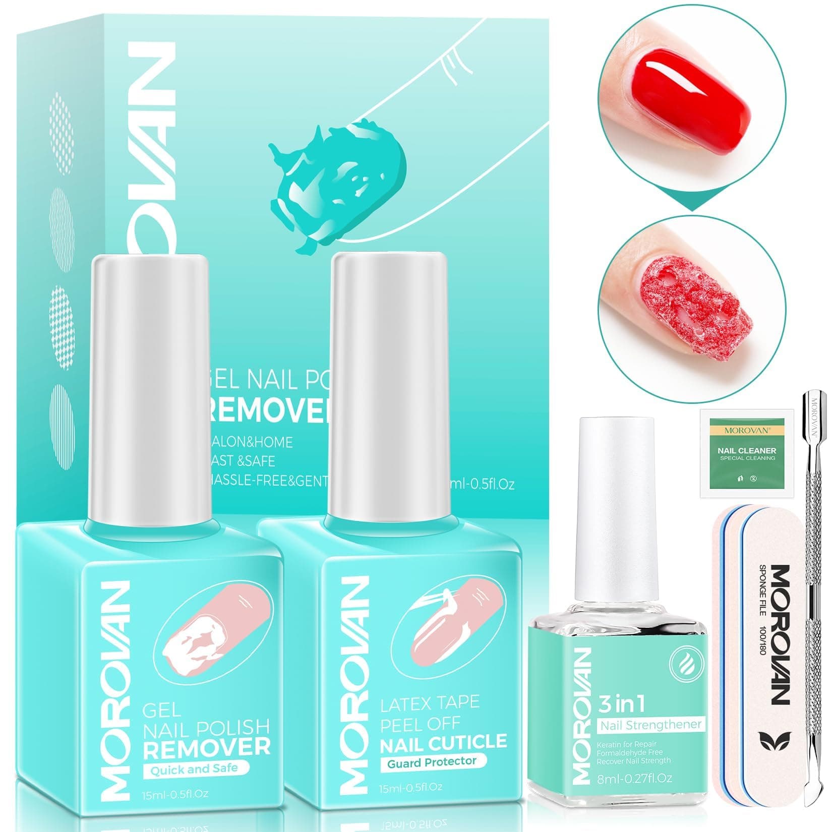 Morovan Gel Nail Polish Remover Kit: With Liquid Latex Tape Peel off Nail Strengthener Cuticle Pusher Quick & Easy Removal in 5 mins No Soaking Or Wrapping