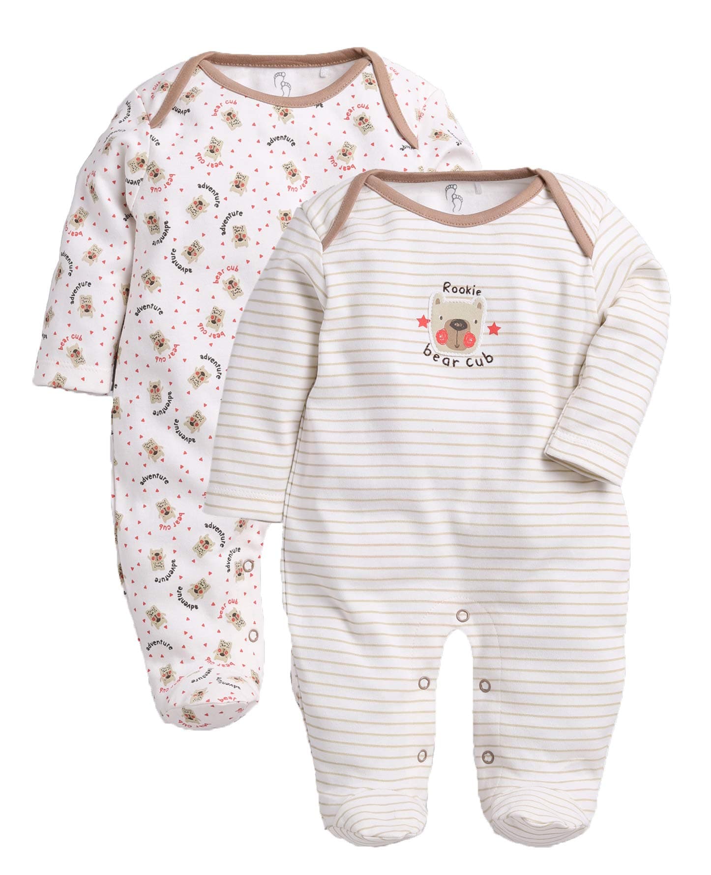 Baby Boys & Baby Girls Cotton Full Sleeve Sleepsuit Pack of 2 | Newborn Infant Romper Jumpsuit with Snap Buttons | Soft Breathable Onesie Set | Cute Bear Print & Striped Design