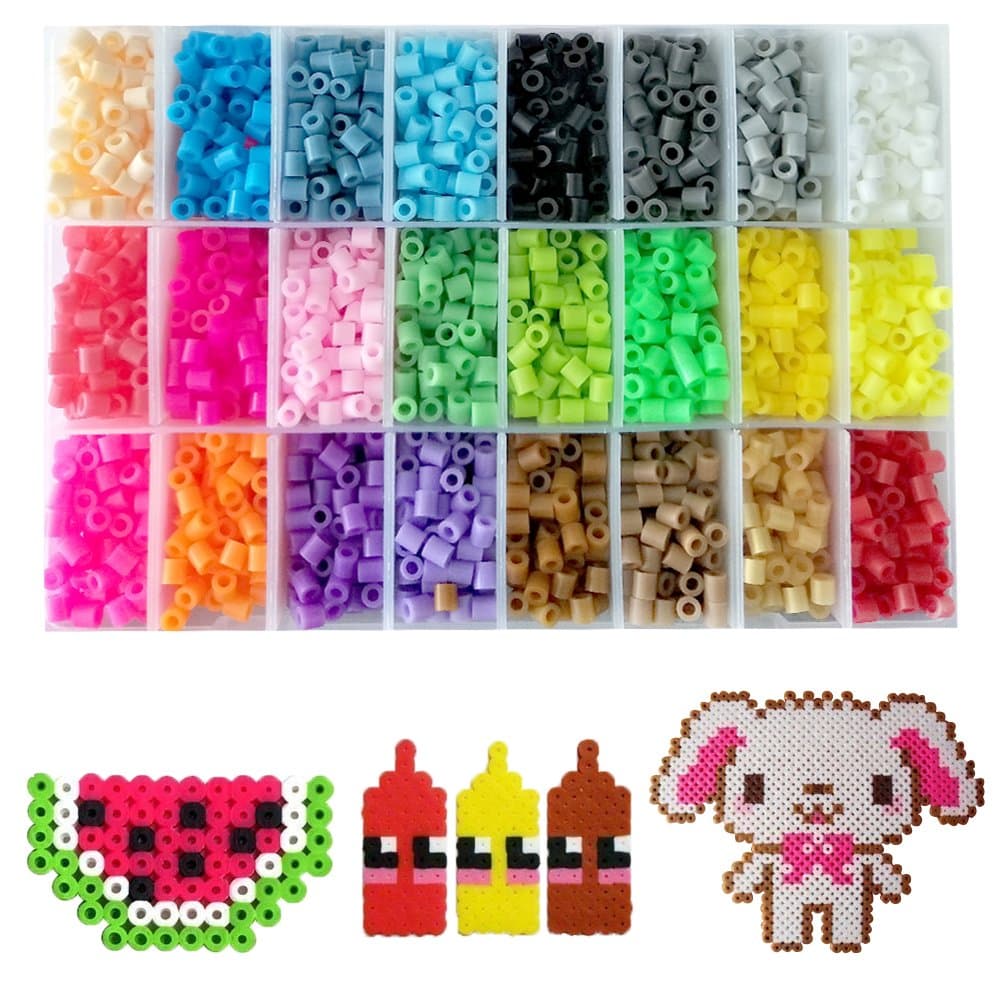 Fuse Beads Kit perler beads- Includes 24-cell 5mm Colored iron fusion beads(5500 beads), a Square and a Five-pointed Star Plate, 5 Ironing Paper,2 Tweezers and 5 Other Small Accessories Beads for Kids