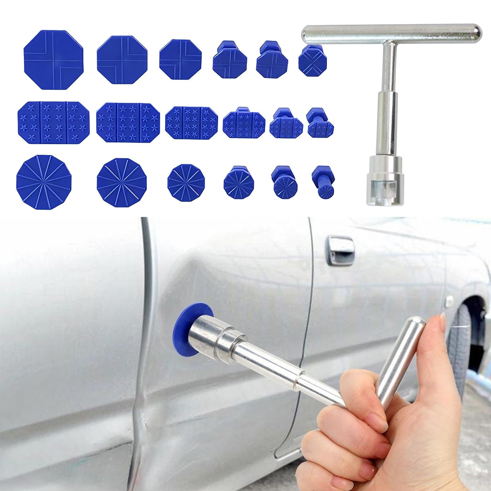 19 PCS Car Dent Repair Tool, Short T-Handle Puller + Eighteen Specifications of Dent Suction Cup Puller, Detachable Portable Multifunctional Universal for Car Repair Accessory (Blue & Silver)