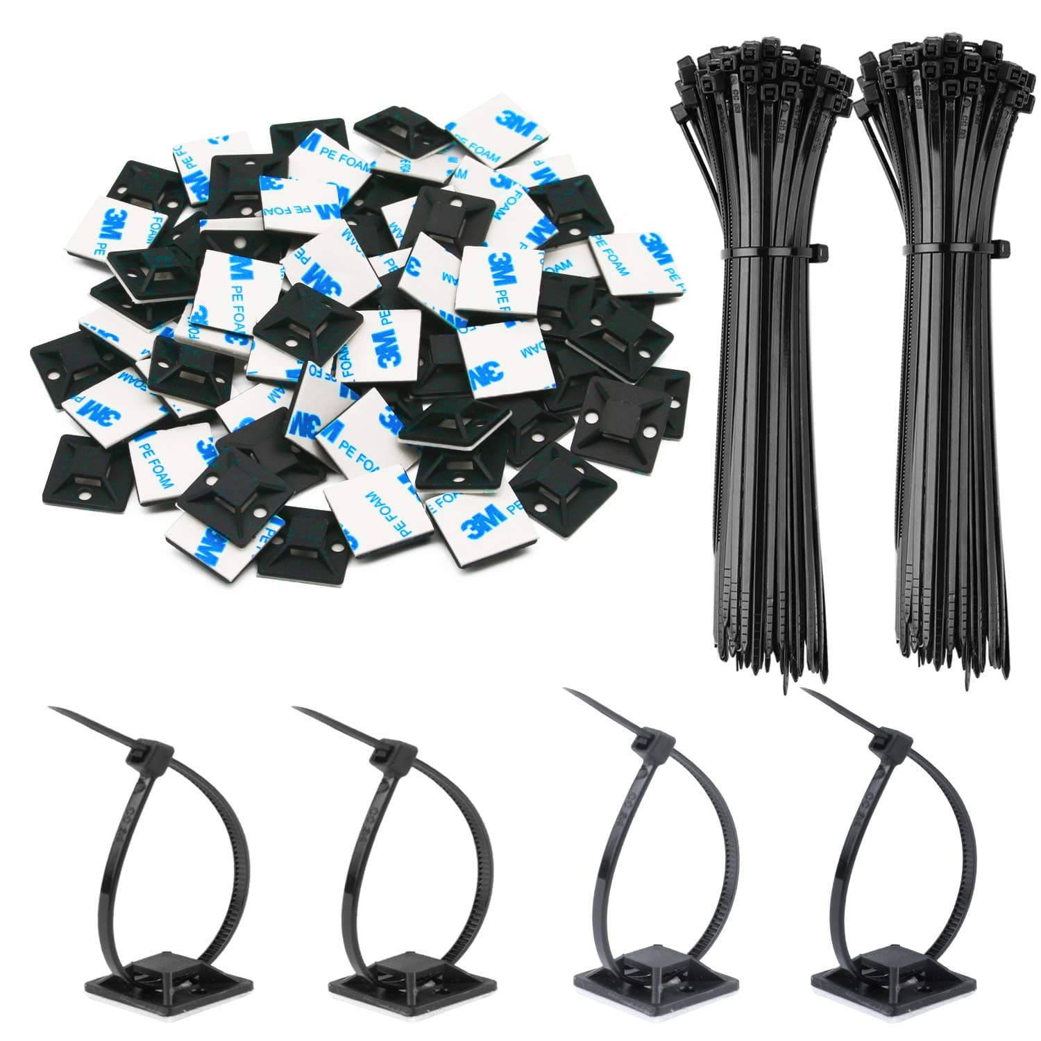 140 Pack 3/4" Zip Tie Adhesive Mounts Self Adhesive Cable Base Holders with Multi-Purpose Tie wire clips with screw hole,Anchor stick on wire holder,Black